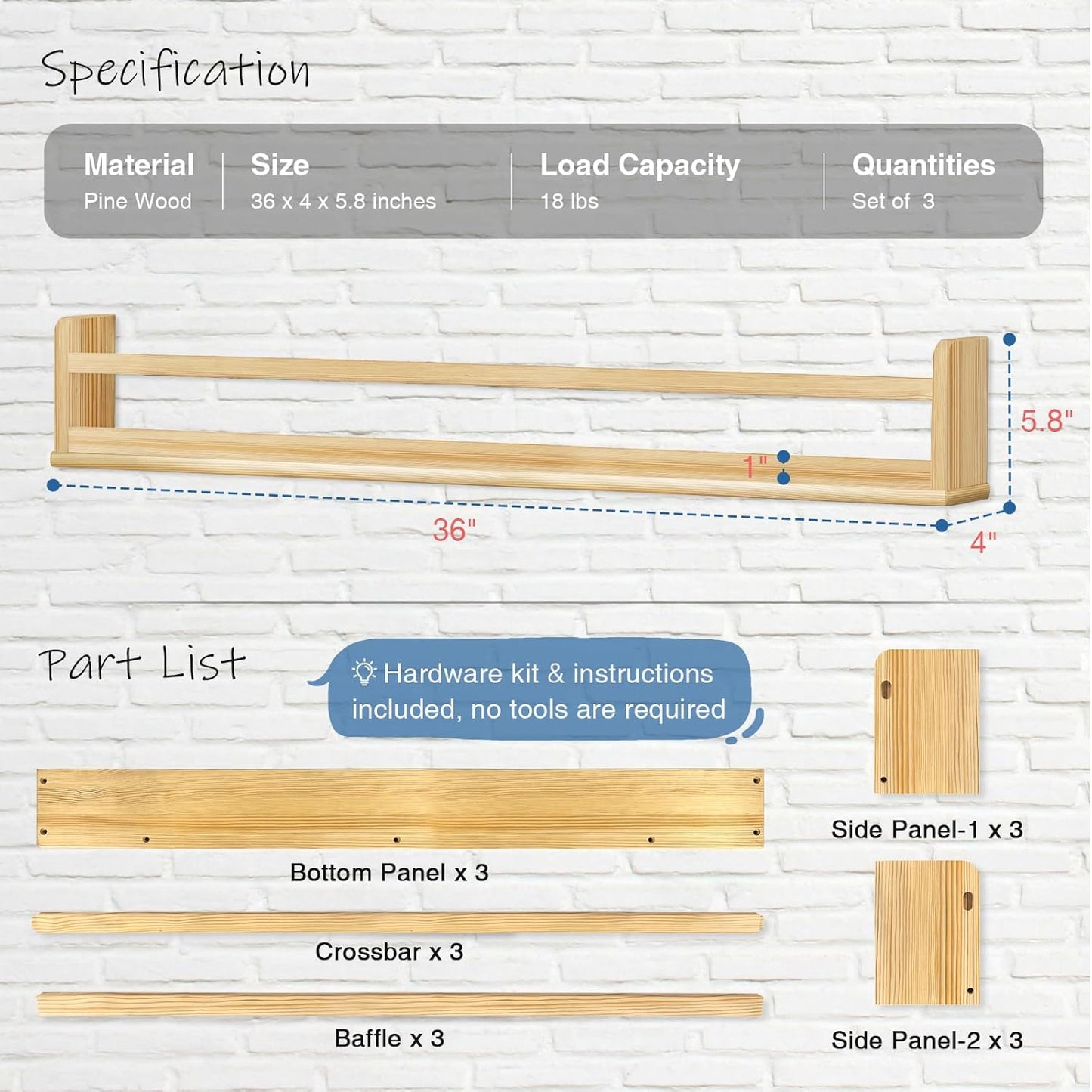 Wooden Wall Bookshelf for Kids Room, Large Nursery Floating Shelves for Kids Bedroom, Natural Wood Wall Mounted Bookshelves for Baby Toddler Classroom Library Books (36 Inch Long, 3-Pack)