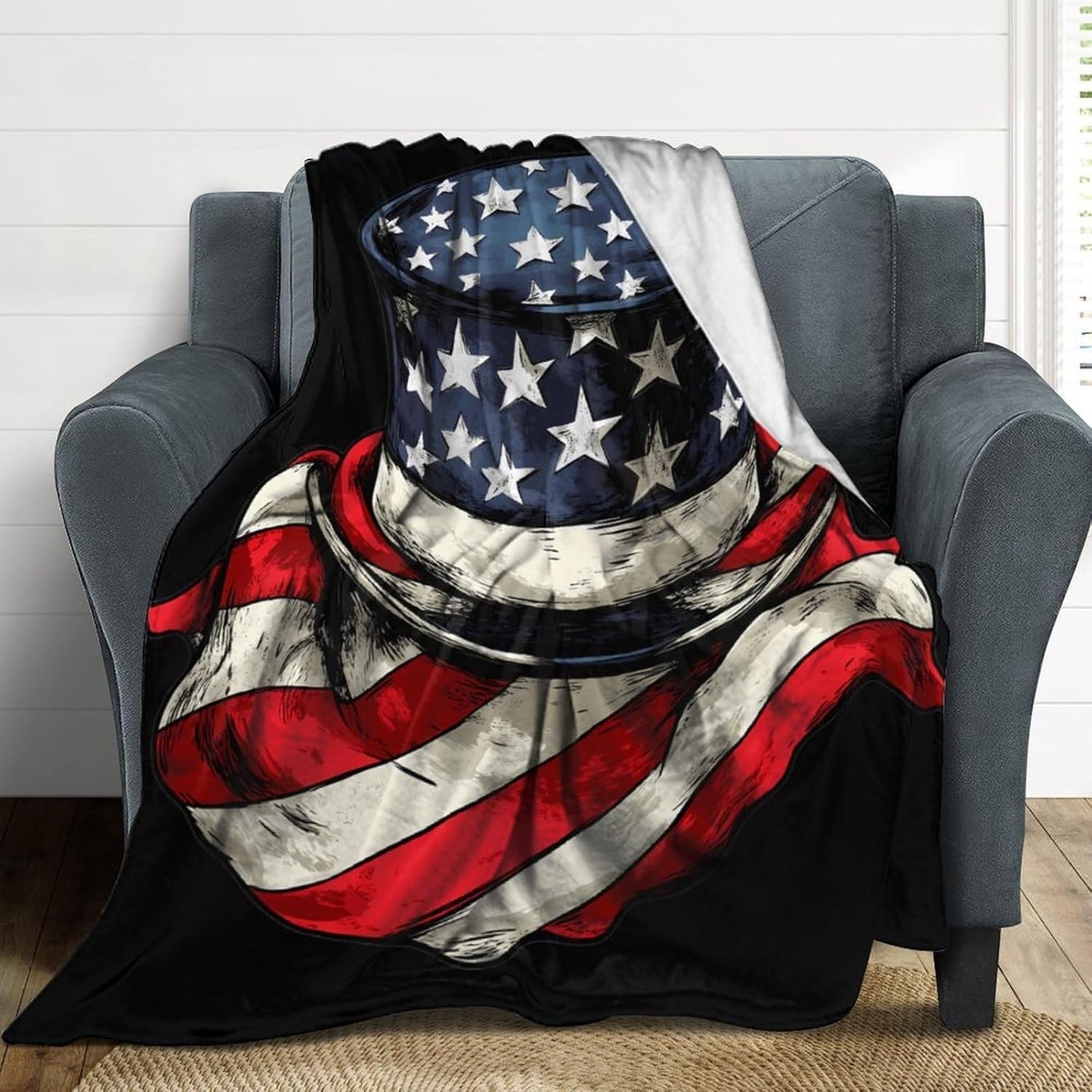 U.S.A. Flag Scarf Top Hat Throw Blanket Fleece Blankets Soft Flannel for Couch Bed Pet Decorative Warm