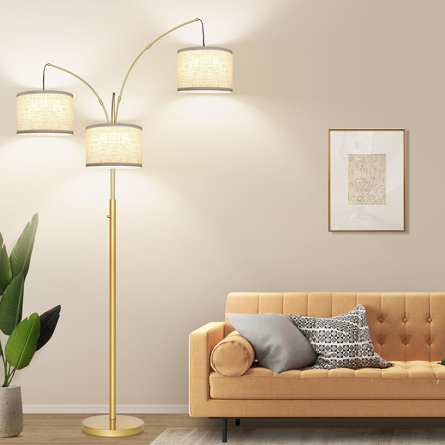 Dimmable Gold Floor Lamp, 3 Lights Arc Floor Lamps for Living Room, Modern Tall Standing Tree Lamp with White Shade & Heavy Base, Large Floor Lamp for Bedroom Office, 3x1000 LM LED Bulbs Included