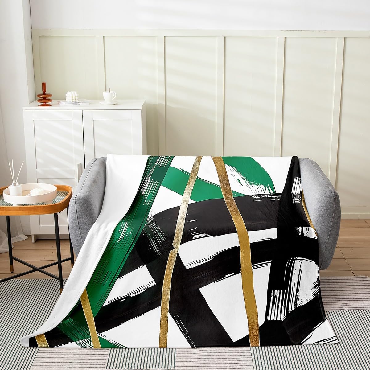 Green Black Gold Flannel Blanket Geometric Aesthetic Simple Throw Blanket Abstract Modern Line Cozy Throws for Bed Couch Sofa,Kids Boys Girls Room Decor,Soft and Breathable(50 x 60 Inches)