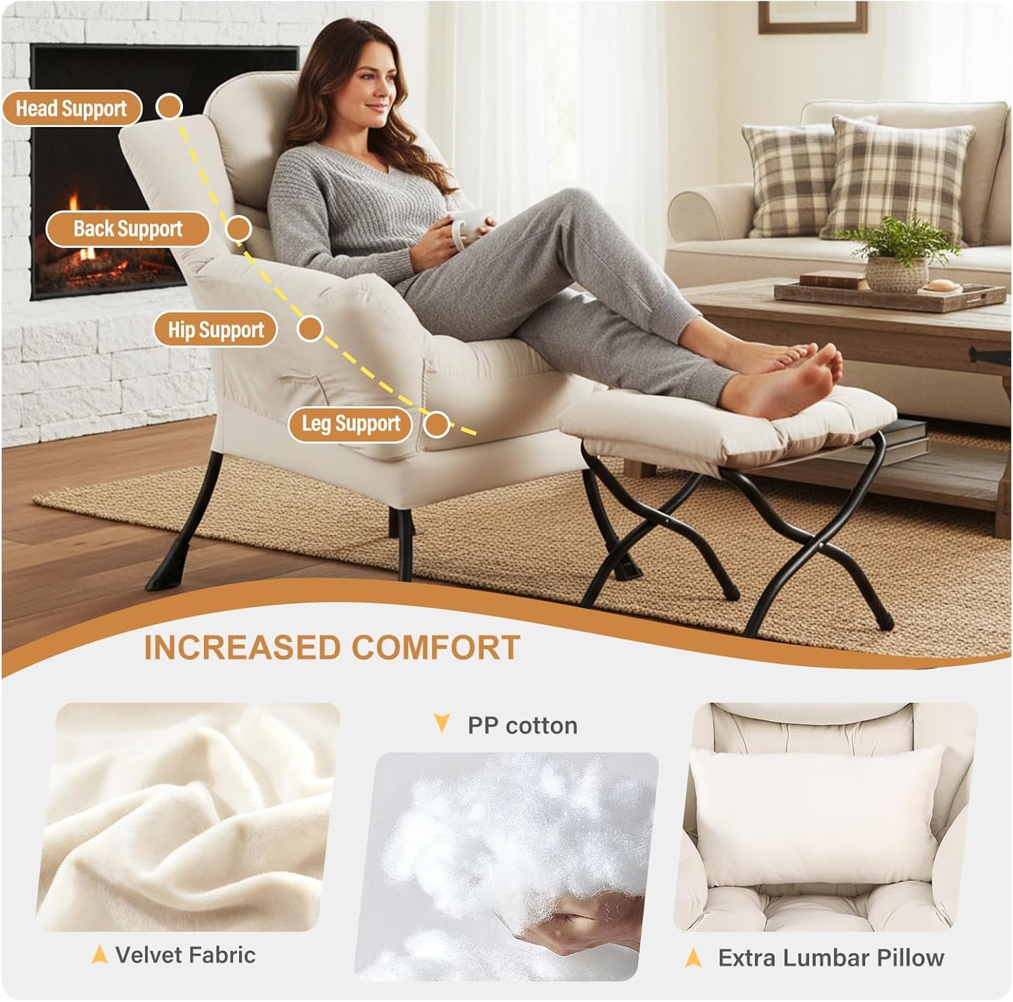 Lazy Chair with Ottoman, Modern Accent Chair with Lumbar Pillow, Velvet Beige Sofa, Armchairs with Folding Footrest, Oversized Supportive Chairs for Bedroom, Reading