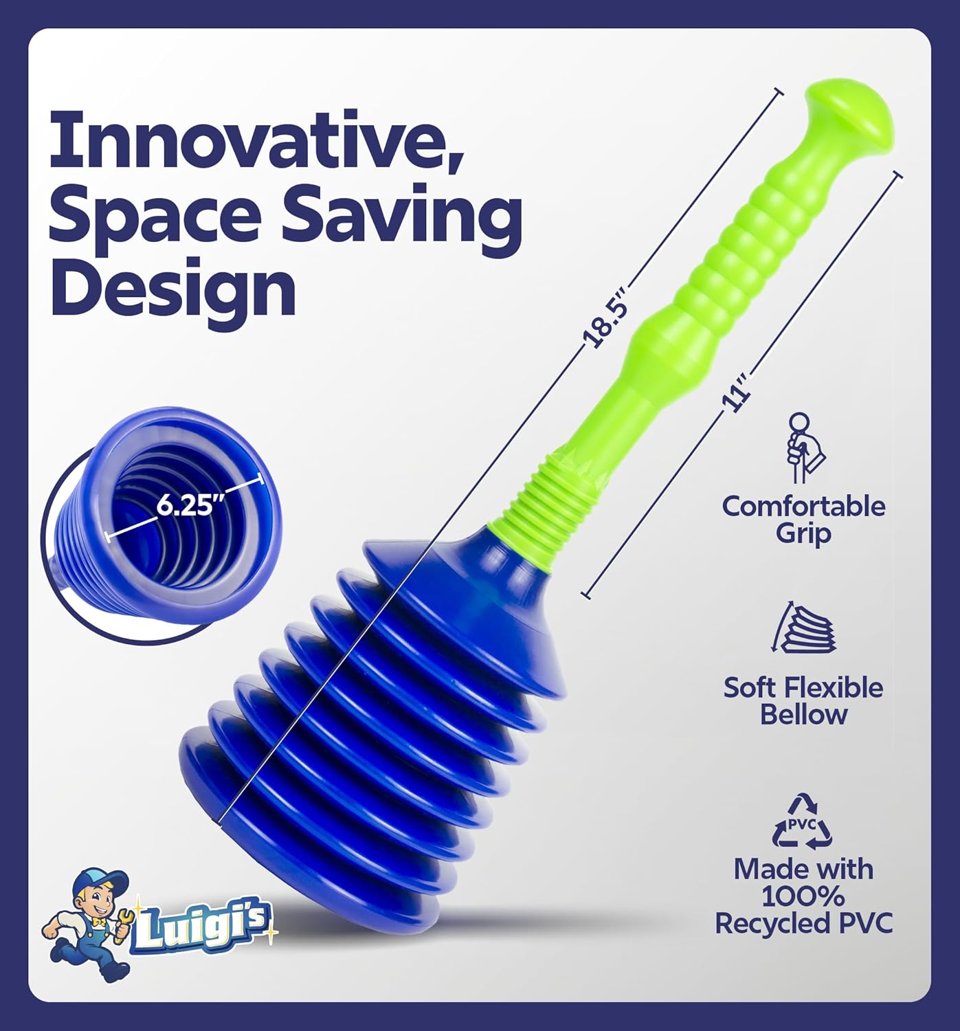 Luigi's Sink Plunger Kitchen - Sink Plunger Bathroom - Drain Bathtub or Shower - Small and Powerful Clog Remover - Commercial Style "Plumbers Plungers" with Large Bellows - Blue - Small