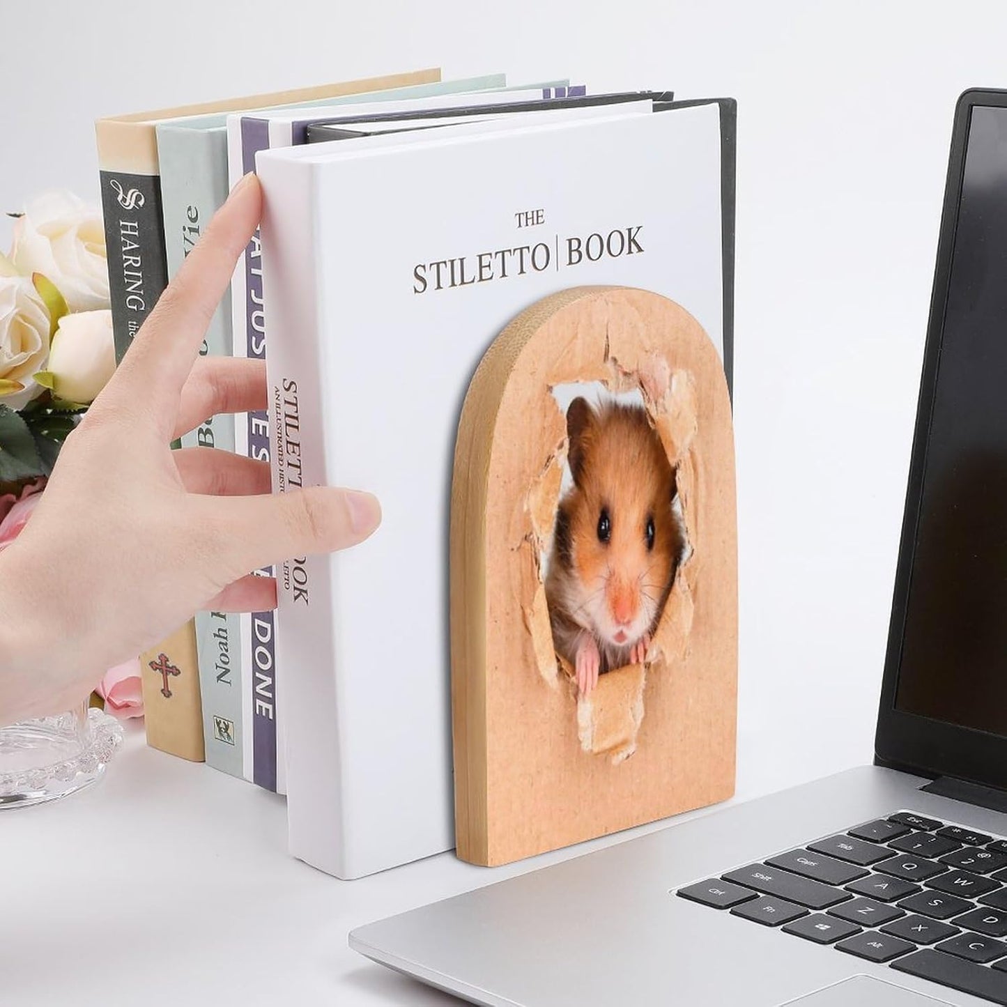 Funny Hamste Wooden Bookend Non-Slip Book Ends Heavy Duty Book Stopper with Metal Base Books Holderd Decorative Bookends Stands Firmly for Office Supplies