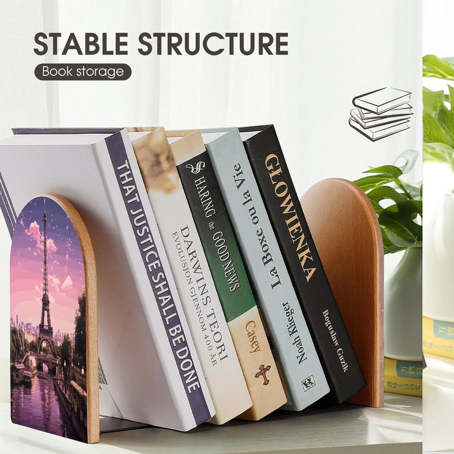 Pink Paris Bookend for Shelves Wooden Book End Large Size Sturdy Book Holders Stoppers with Metal Base for Bookshelves Slick Decorative Bookends Stands