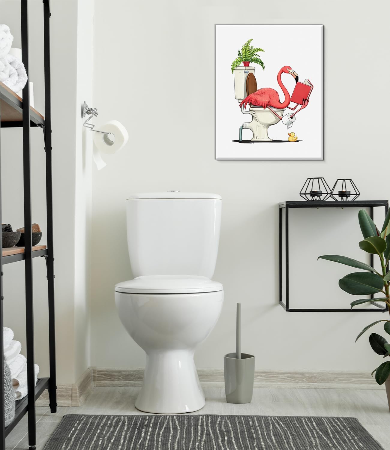 Funny Flamingo Bathroom Wall Art Print - Flamingo Reading on Toilet Canvas Poster Painting - Tropical Animal Bathroom Wall Decor 8x10 Inch Framed