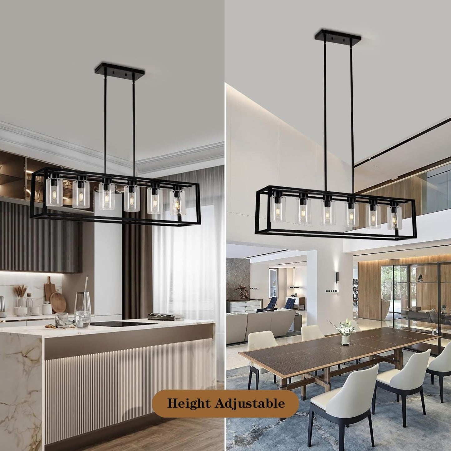 Farmhouse Dining Room Light Fixture Kitchen Island 6-Light Pendant Lighting， Adjustable Rectangle Black Contemporary Chandeliers with Glass Shade (6 Light)
