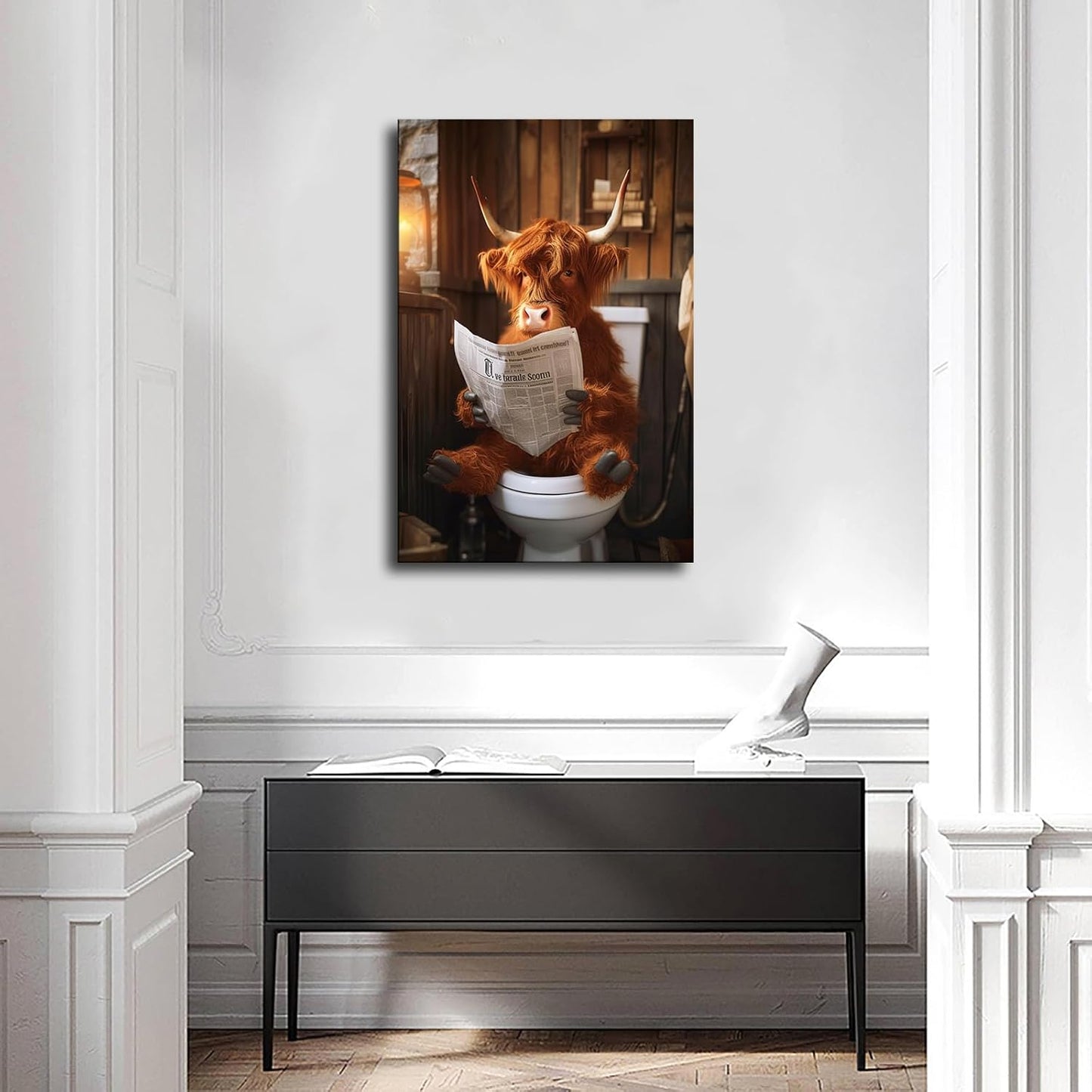 chenmjj Cow Reading The Newspaper Sitting on A Toilet Print Poster Picture HD Print Poster Retro Painted Modern Home Bedroom Room Aesthetic Decoration Canvas Art (08x12inch Unframed)