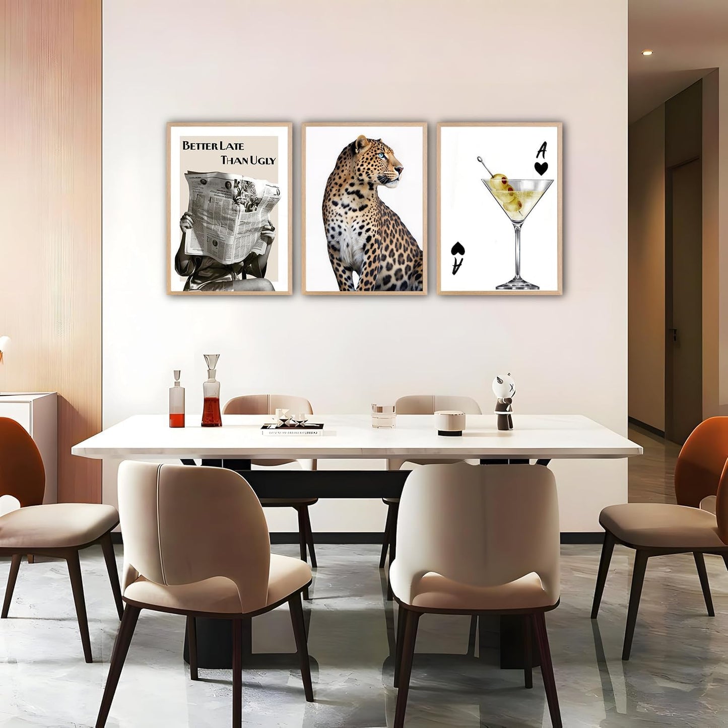 3Pcs Gold Leopard Canvas Wall Art Woman Reading Newspaper Leopard Poster Print for Living Room Dining Room Wall Decor（12×18in Unframed）