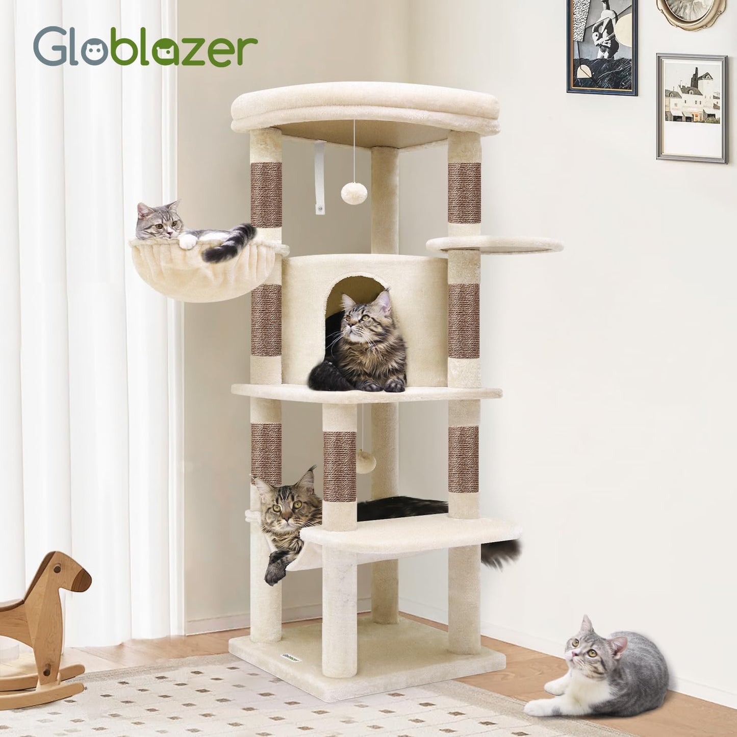 Globlazer Corner Cat Tree, 51in Curved Series Modern Cat Tower for Indoor Cats with Hammock, 7 Sisal Scratching Posts, Large Fan-Shaped Platform for Large Cats, Cat Condo & Hanging Basket, C51, Beige