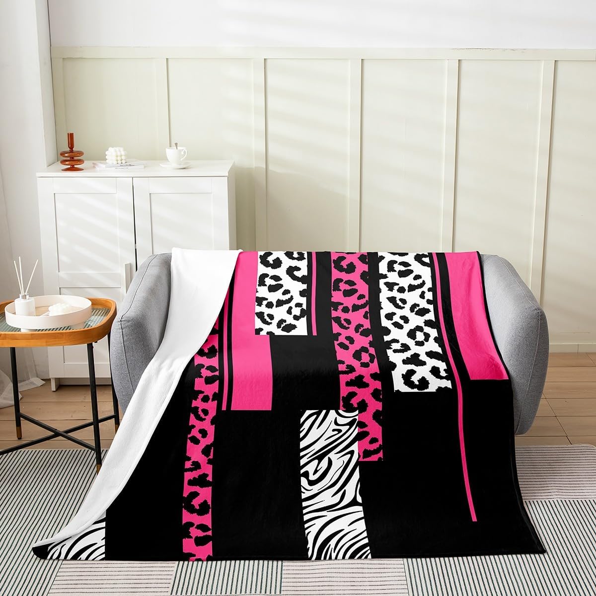 Feelyou Leopard Zebra Plush Throw Blanket, Queen 90"x90" Kids Cheetah Pink White Black Flannel Fleece Blanket for Teens Animal Print All Season,Bed Blanket Breathable Safari Geometric Room Decor