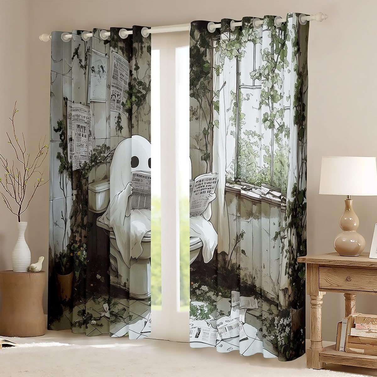 jejeloiu Cute Ghost Window Drapes (2 Panels, 52 x 84 Inch) Happy Halloween Blackout Shades Window Treatments for Kids White Ghost Festival Themed Reading Funny Curtains Room Darkening Curtain