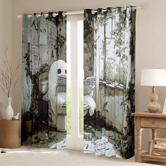 jejeloiu Cute Ghost Window Drapes (2 Panels, 52 x 84 Inch) Happy Halloween Blackout Shades Window Treatments for Kids White Ghost Festival Themed Reading Funny Curtains Room Darkening Curtain