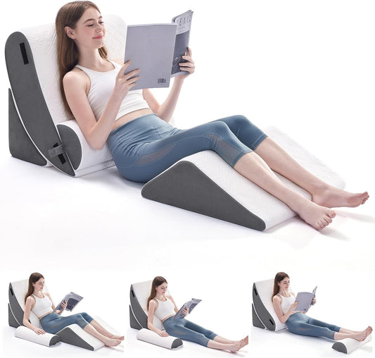 Wedge Pillow Set for After Surgery, 4 PCS Bed Wedge Pillow for Sleeping, Memory Foam Orthopedic Back Pillow for Pain Relief and Acid Reflux, Adjustable Post Surgery Pillow Grey