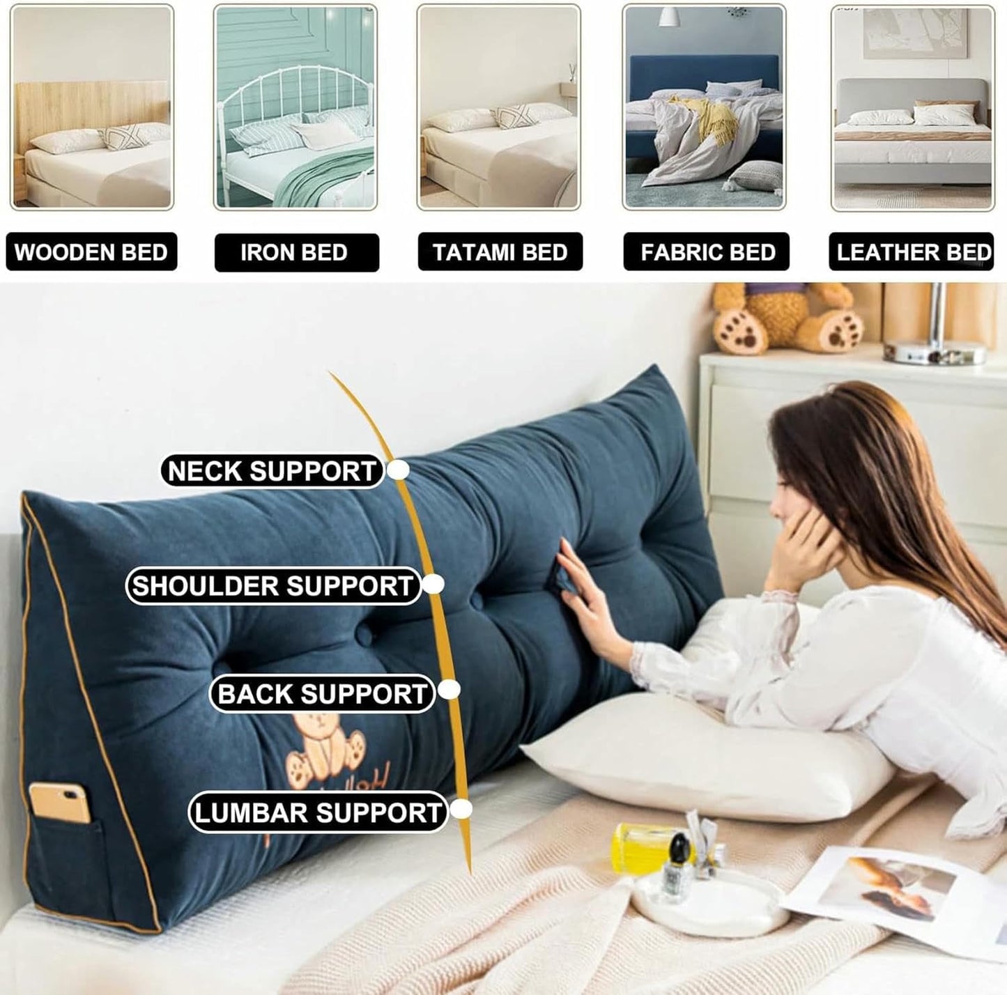 Triangular Wedge Headboard Pillow,Fleece Triangle Cushion Reading Pillow Bed Back Positioning Support Backrest Solid Color Large Bolster with Removable Cover~/