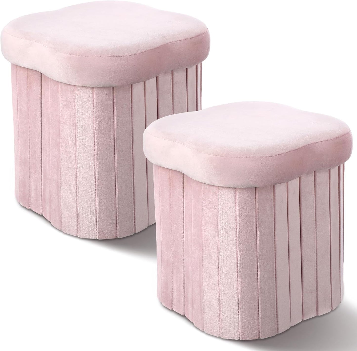 Qinyoung 2 Pcs Storage Ottoman Flower Shaped Foot Stools Foldable Velvet Storage Box Footrest Small Ottoman Seat with Folding Vanity Stool for Dorm Home 12. 6 x 12. 6 x 12. 6 Inch(Pink)