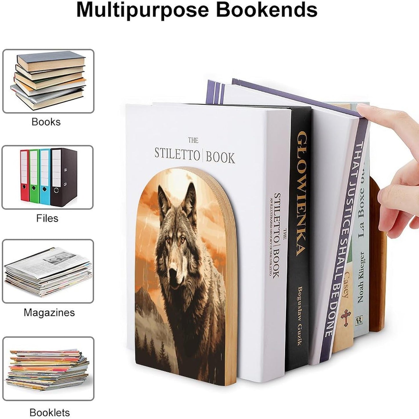 Wolf in The Sun Bookend for Shelves Wooden Book End Large Size Sturdy Book Holders Stoppers with Metal Base for Bookshelves Slick Decorative Bookends Stands