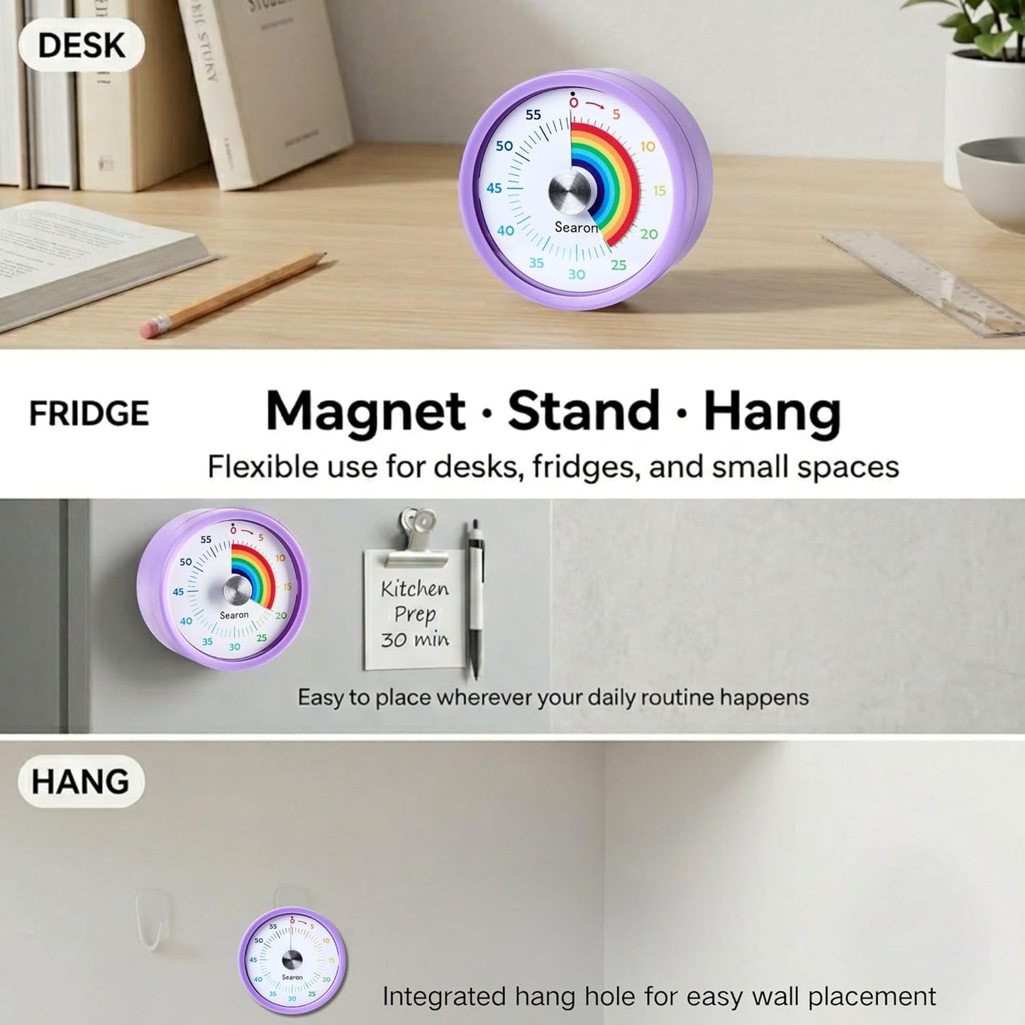 Searon Visual Timer for Kids with Magnet, Quiet 60 Minute Countdown Timer with Rainbow Disk, Sound or Silent LED Alert, for Homework, Reading, Study Time, Kitchen & Small Spaces (Purple)