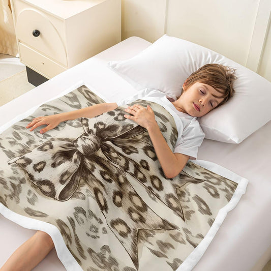 Feelyou Leopard Bow Throw Blanket Bowknot Cute Soft Fleece Sherpa Cozy Fuzzy Plush Warm Kawaii Bow Tie Fuzzy Plush Throw Baby 30"x40" for Bed Couch Living Room