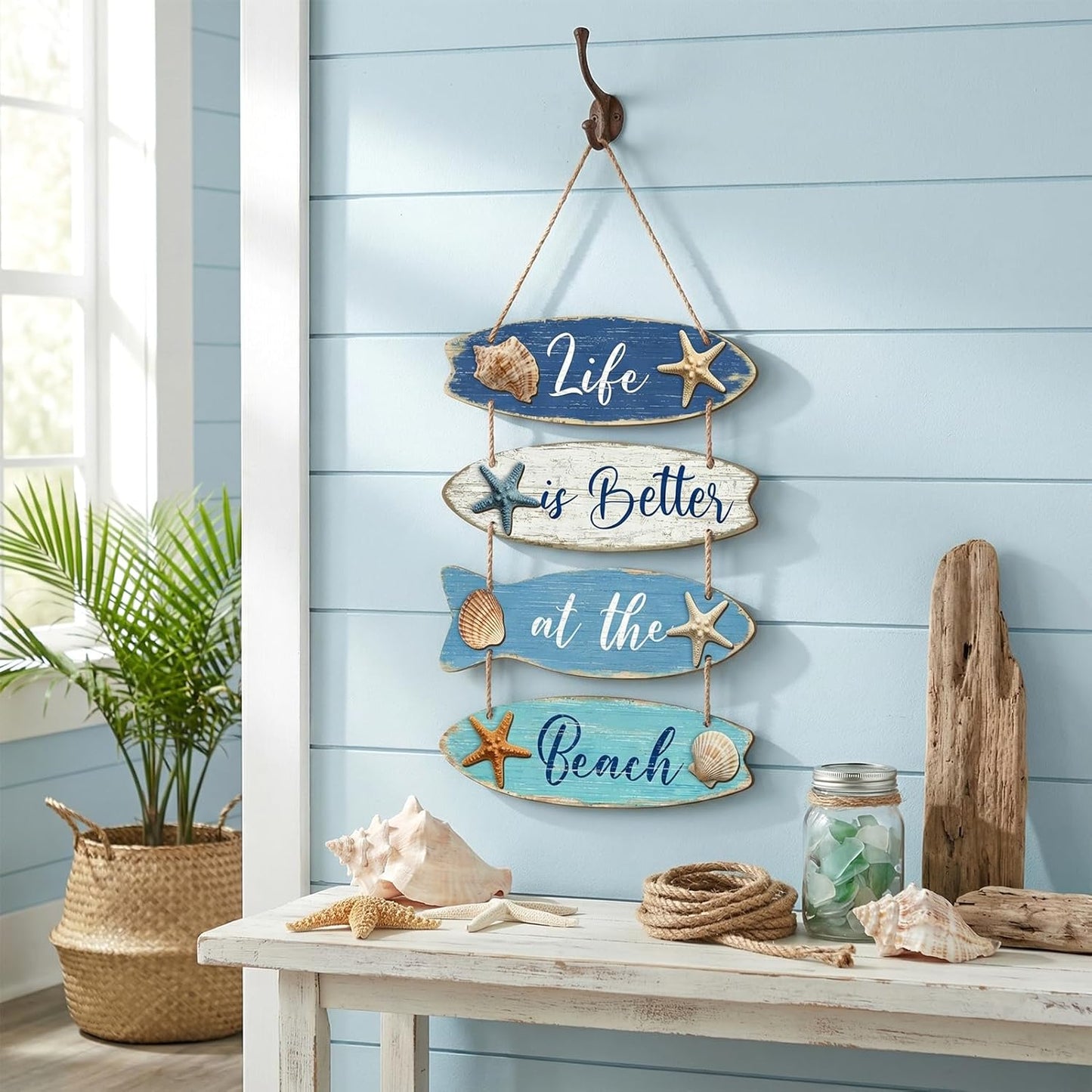 Summer Beach Wooden Wall Decor Farmhouse Coastal Bathroom Wall Art Room Decor Blue Nautical Wooden Hanging Sign Decorations for Bedroom Bathroom Office Home Signs Living Room Door Decorations