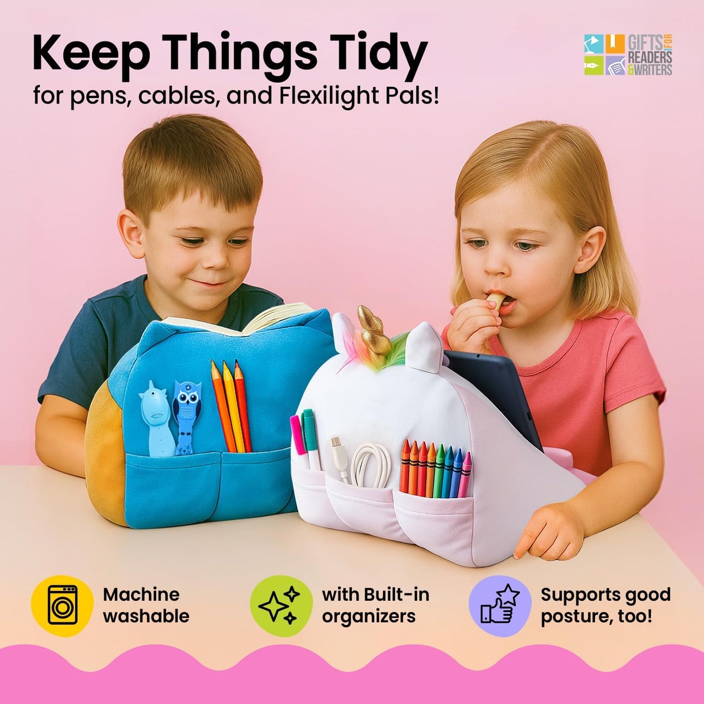 Gifts for Readers & Writers Tablet & Book Stand for Kids, Soft Reading Pillow, Book Holder with Pockets for Storage, Suitable for eReader/iPad/Kindle or Galaxy Devices, Cuddly Reader Unicorn