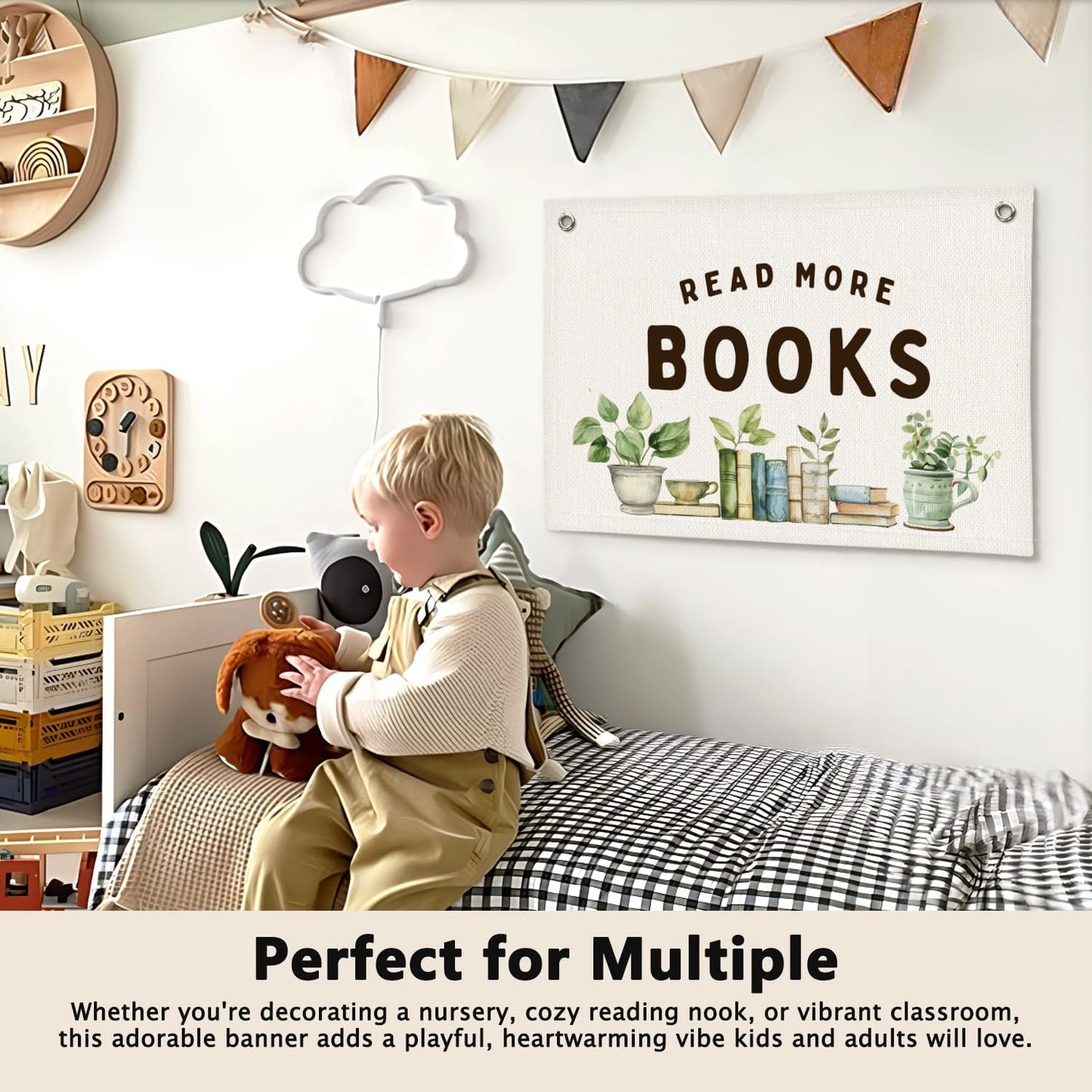 Read More Books Botanical Reading Room Decor - Linen Banner Wall Hanging Canvas Banner Flag Decor for Kids Nursery Toddler Reading Corner Nook Classroom Library