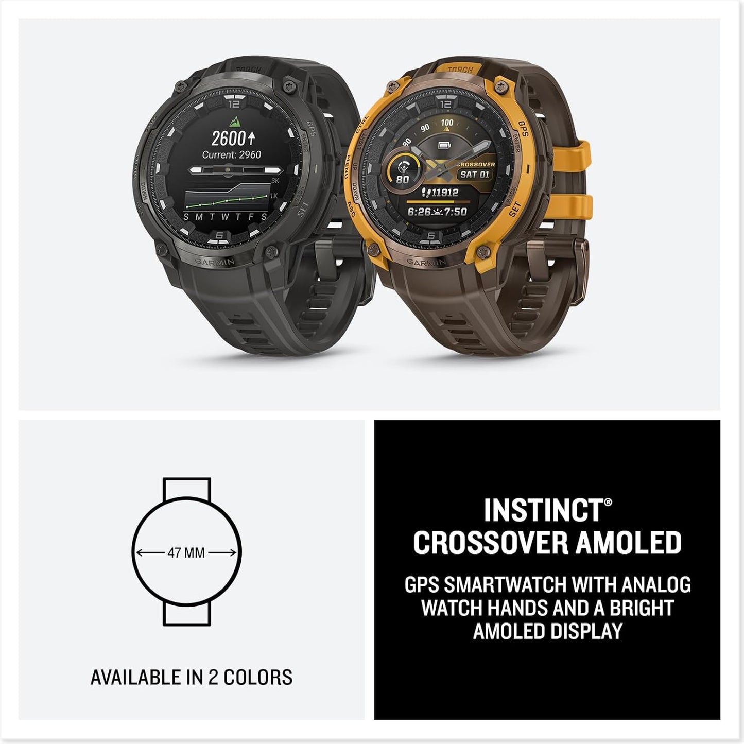 Garmin Instinct® Crossover AMOLED, Rugged Hybrid GPS Smartwatch with Analog Watch Hands and Bright AMOLED Display, Bronze/Sunburst with Cocoa Silicone Band