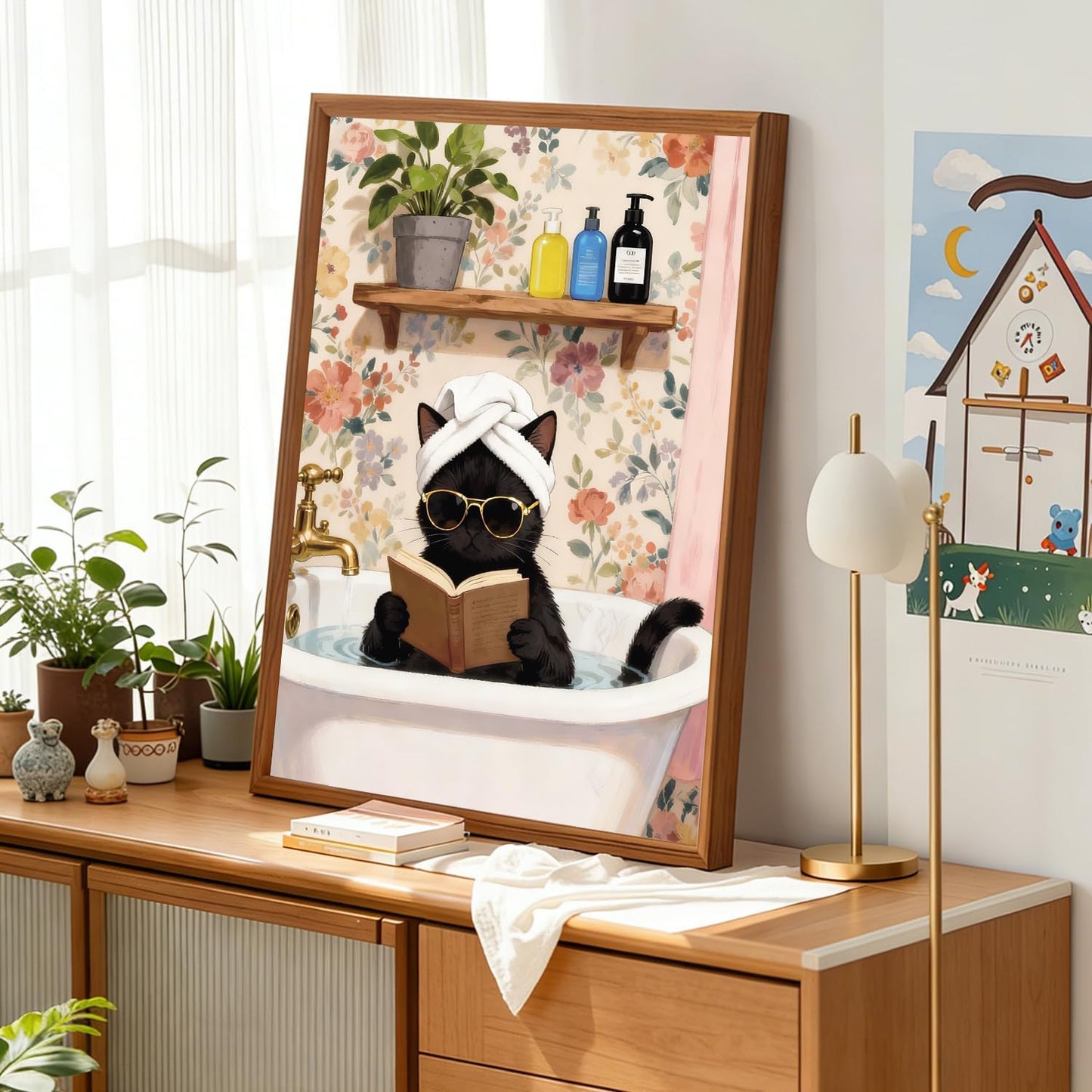 Framed Funny Cat Wall Art, 12" x 16" Canvas Tub Black Cat Reading Books Bathroom Wall Art, Vintage Aesthetic Lover Animal Prints for Room Bedroom Bathroom Living Room Home Office