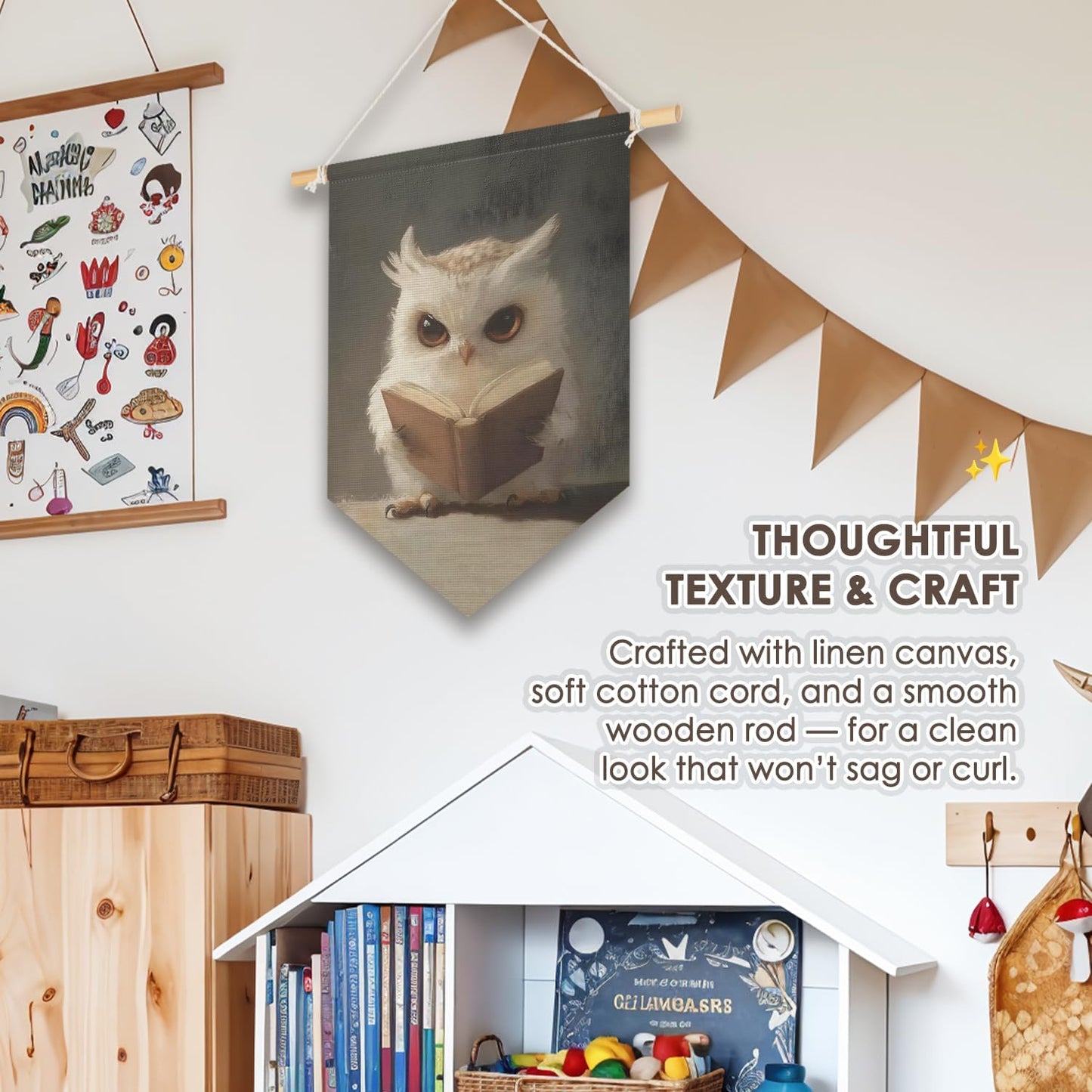Wheatwin Kids Room Decor, Cute Owl Reading Book Wall Hanging Pennant Flag Banner, Owl Wall Decor for Boys Girls Toddler Nursery Reading Corner Nook Room Bedroom Classroom 15x11 Inch