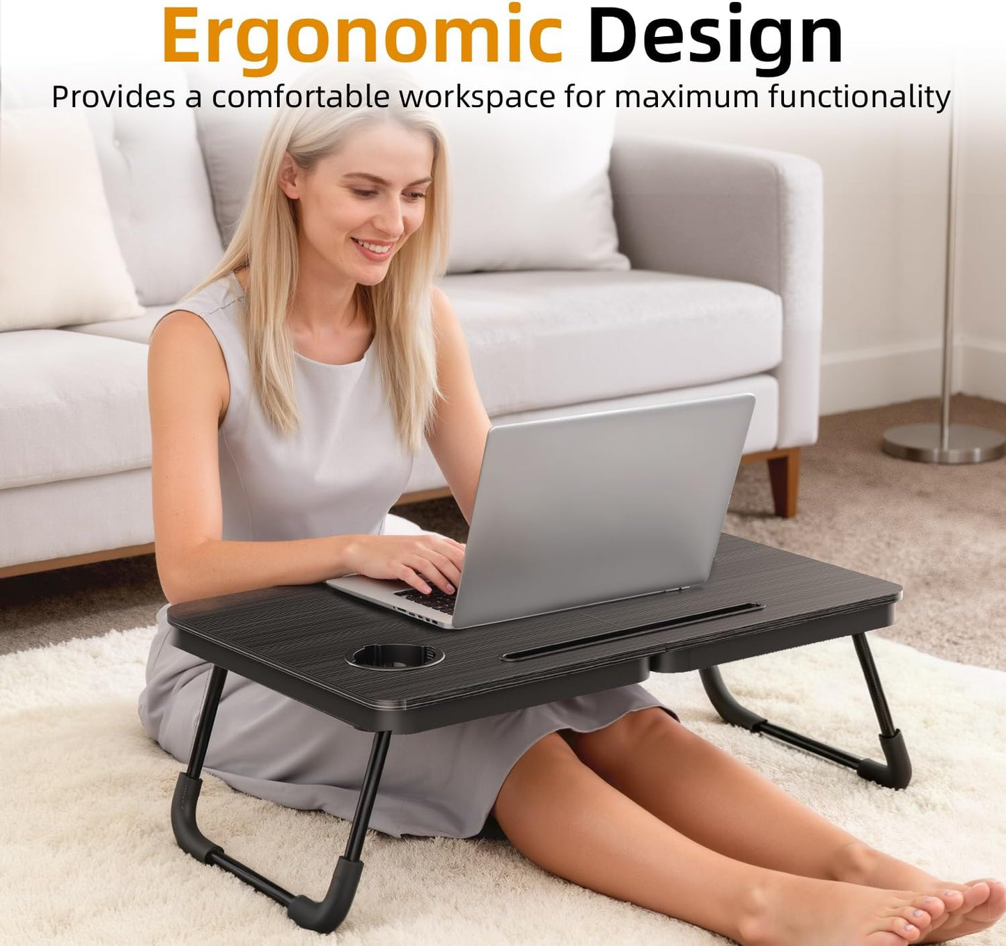 BUYIFY Portable Foldable Laptop Desk for Bed and Couch, Adjustable Lap Desk with Cup Holder and Phone Holder, Ideal for Working, Reading, Writing, and Breakfast,USA Original Patent-black003