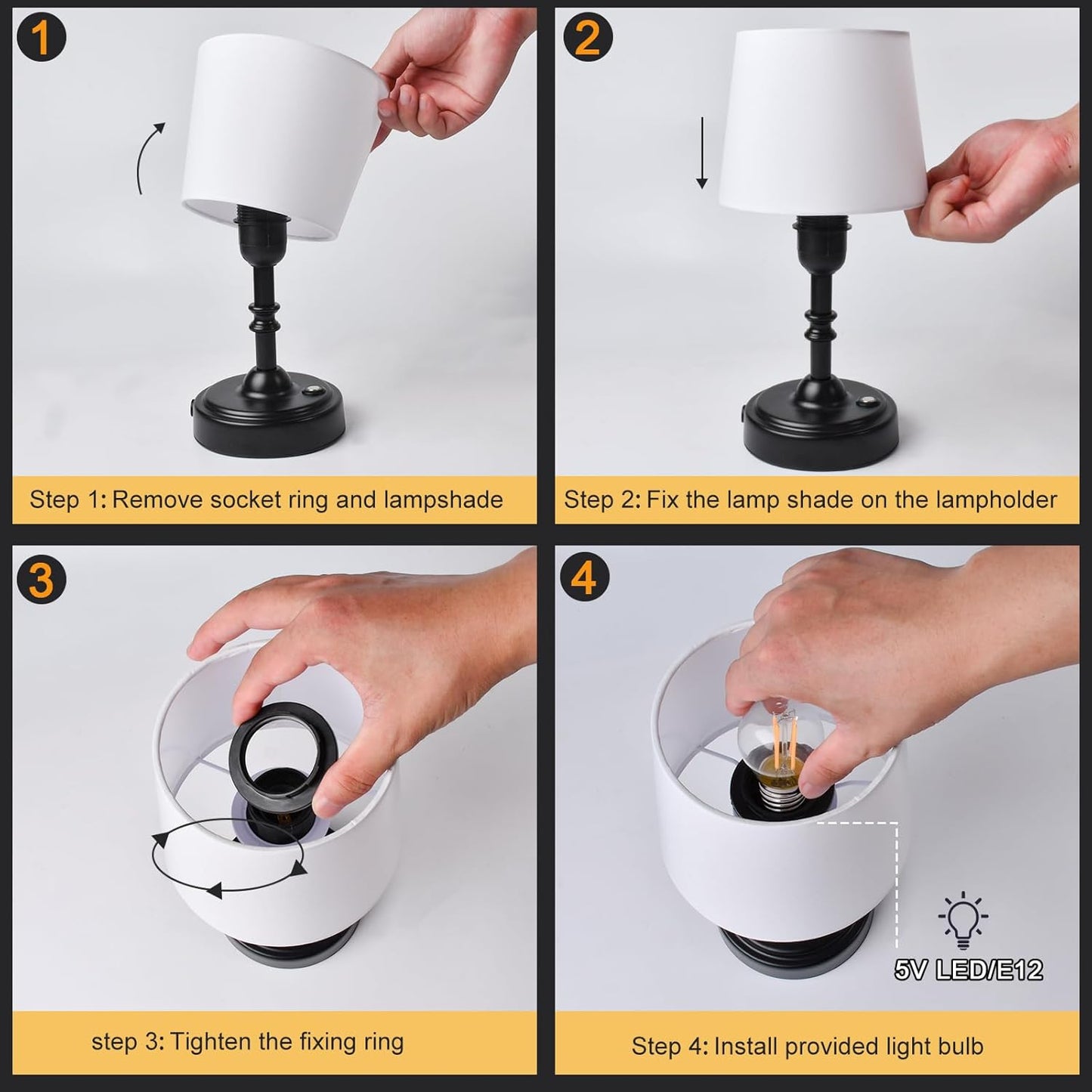 Cordless Table Lamp, 4000mAh Rechargeable Battery Operated Lamp, 3-Level Brightness Touch Small Lamps for Bedroom Living Room Bedside Bathroom Ambient Lighting Desk Lamp Cute Home Decoration(Black)