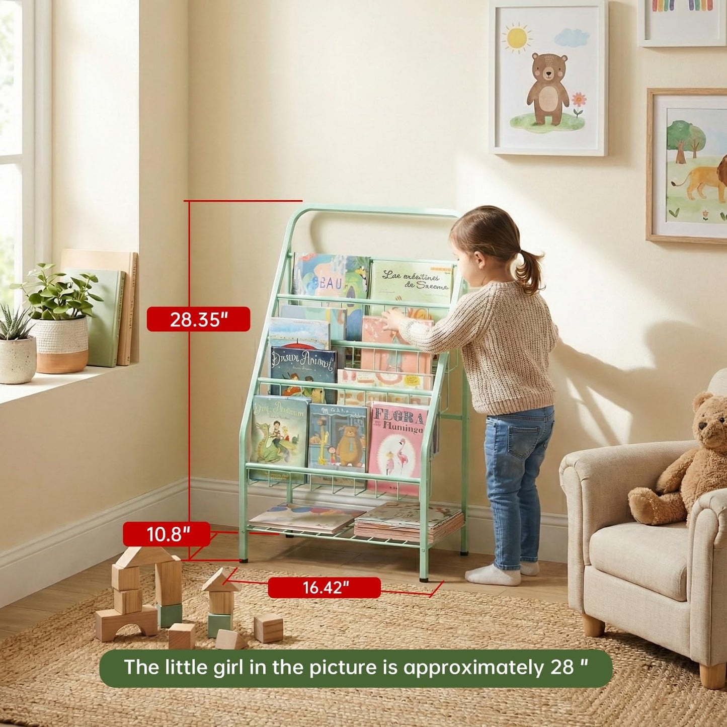 JAQ Green Kids Bookshelf, 4-Tier Metal Book Display Rack for Small Space, Child-Safe Forward Facing Toddler Bookshelf for Classroom, Nursery & Playroom, Easy-to-Clean Sling Design (28.35" Height)