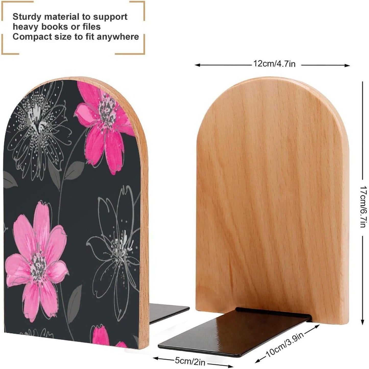 Pink and Black Flower Wooden Bookend Non-Slip Book Ends Heavy Duty Book Stopper with Metal Base Books Holderd Decorative Bookends Stands Firmly for Office Supplies