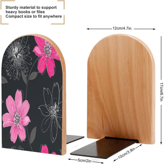 Pink and Black Flower Wooden Bookend Non-Slip Book Ends Heavy Duty Book Stopper with Metal Base Books Holderd Decorative Bookends Stands Firmly for Office Supplies