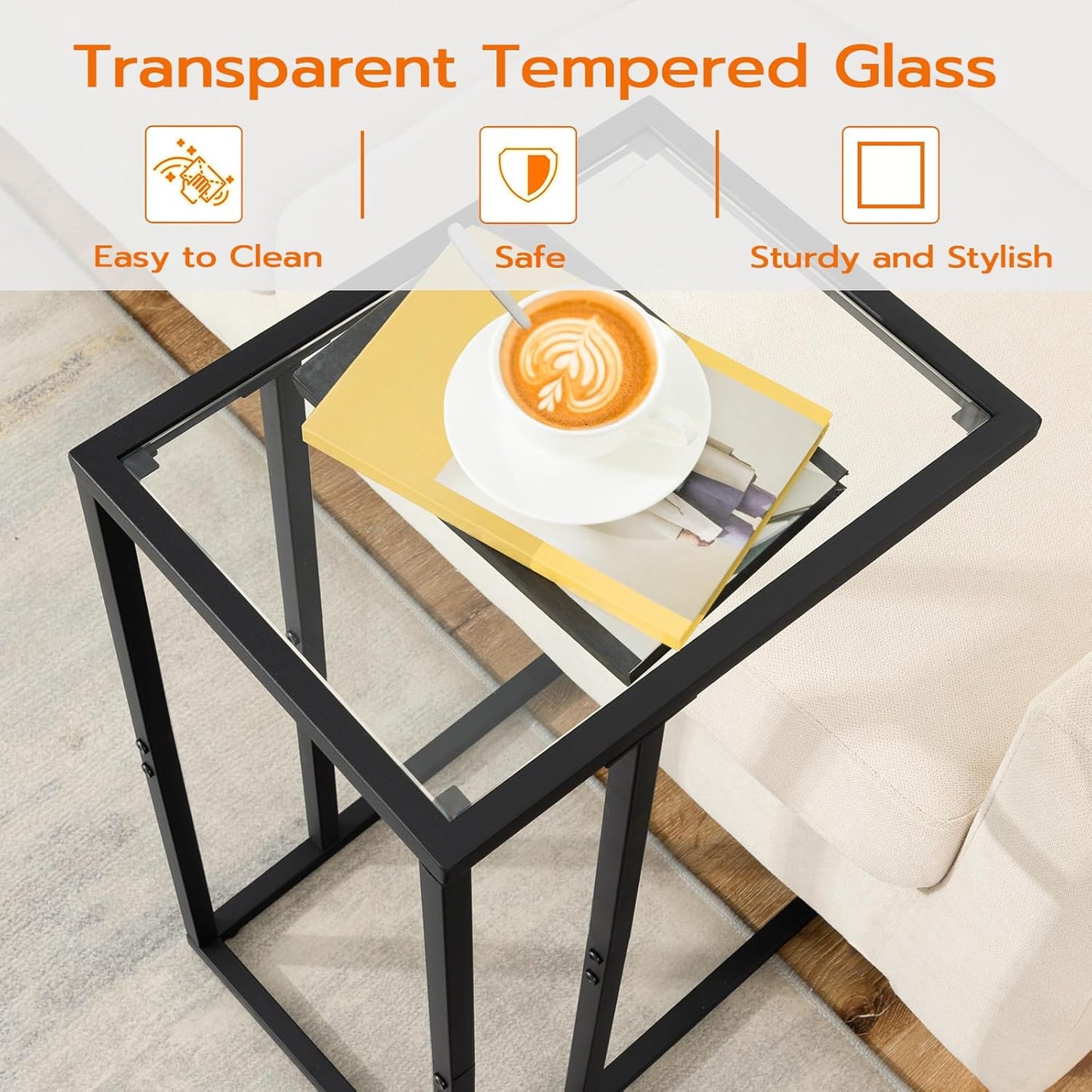 HOOBRO Black C Shaped End Table, Side Table for Sofa, Couch Table for Small Space with Tempered Glass, Metal Frame, Modern Style, Black BK03SF01