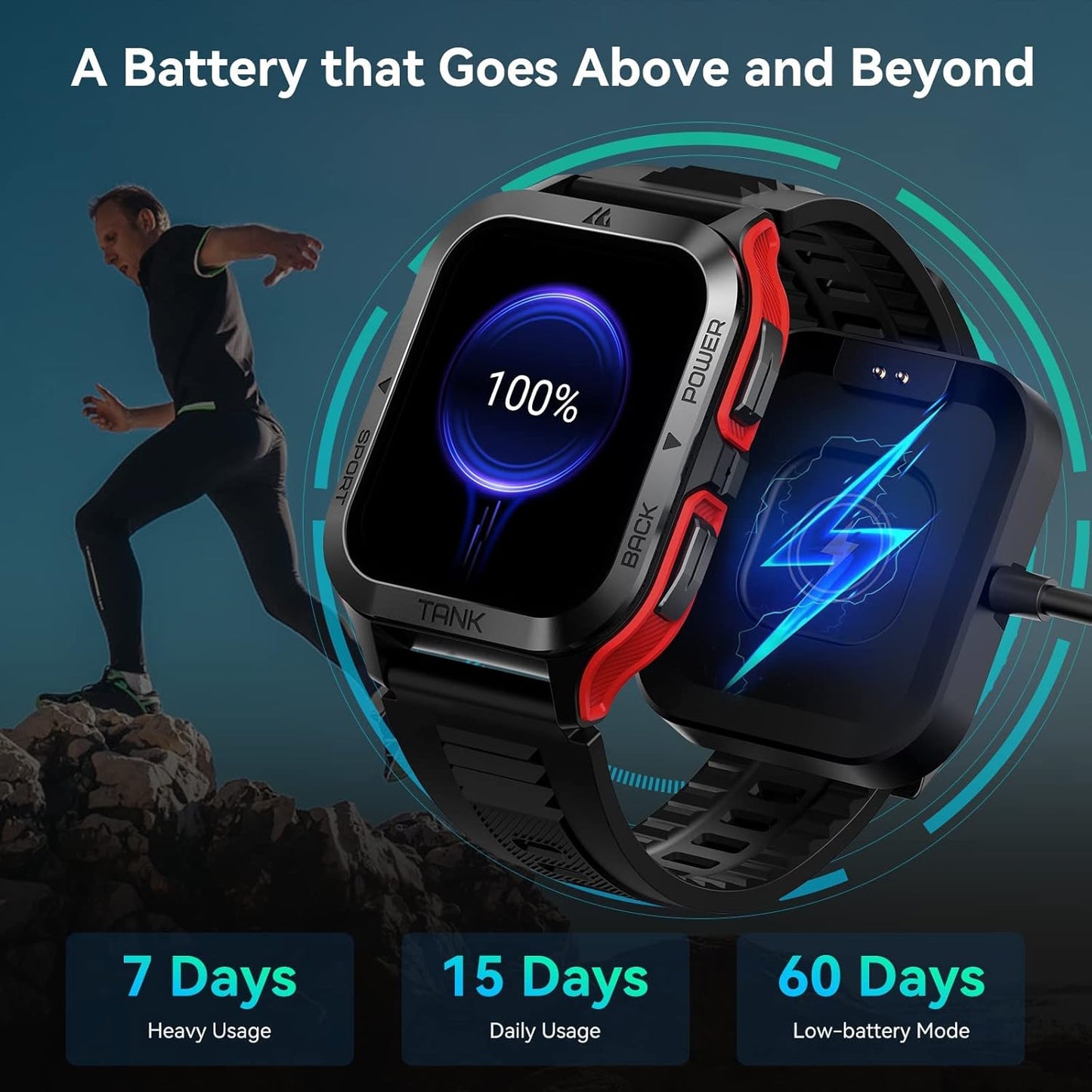 AMAZTIM Smart Watch, 60 Days Extra-Long Battery, 50M Waterproof, Rugged Military Bluetooth Call(Answer/Dial Calls), 1.85" Ultra Large HD Display, AI Voice Assistant, Compatible for Android and iOS-Red