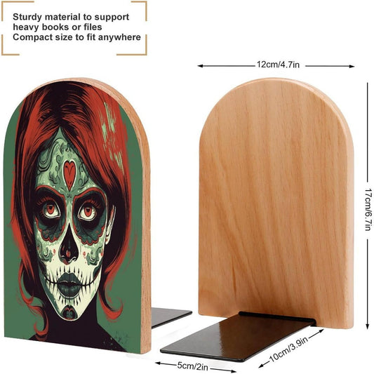 Skull Makeup Wooden Bookend Non-Slip Book Ends Heavy Duty Book Stopper with Metal Base Books Holderd Decorative Bookends Stands Firmly for Office Supplies