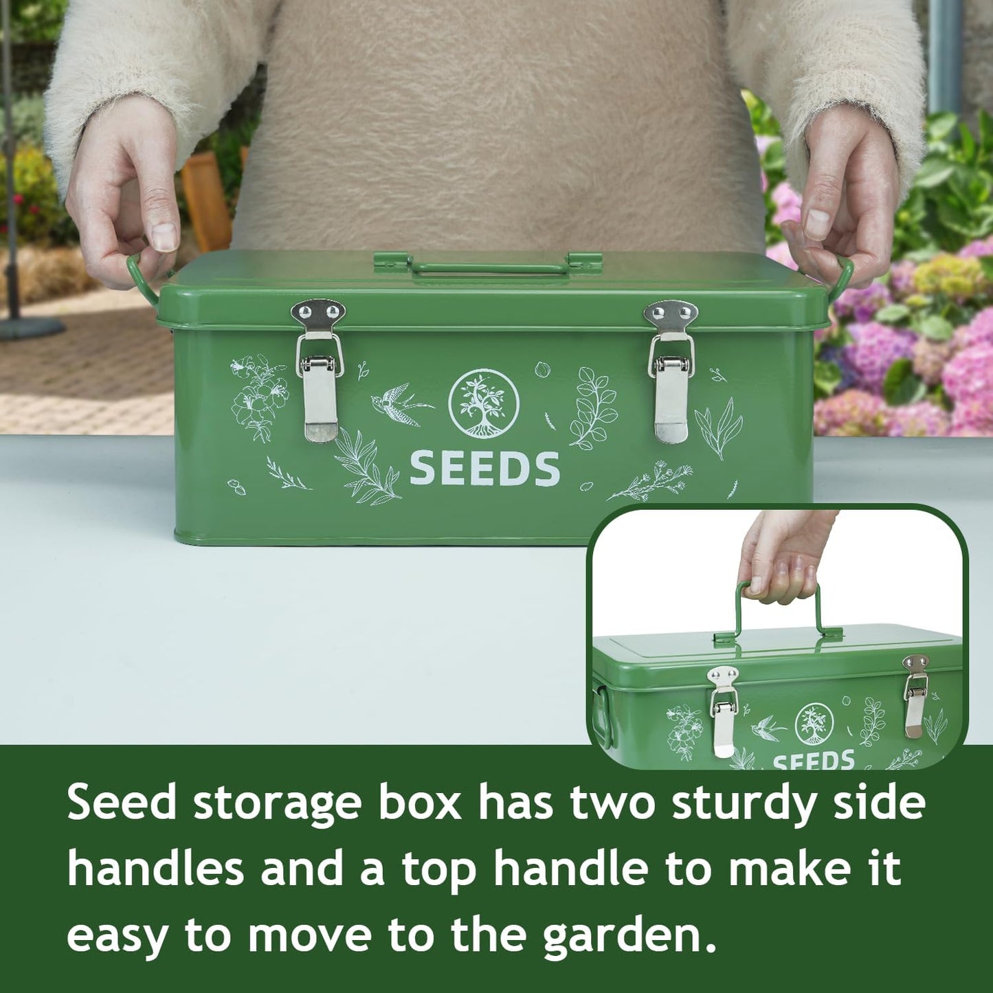 Seed Storage Box, Seed Storage Organizer with Garden String, 30 Seed Envelopes and Bamboo Plant Labels, 4 Compartments Garden Seed Organizer Box with Safety Locks, Dark Green