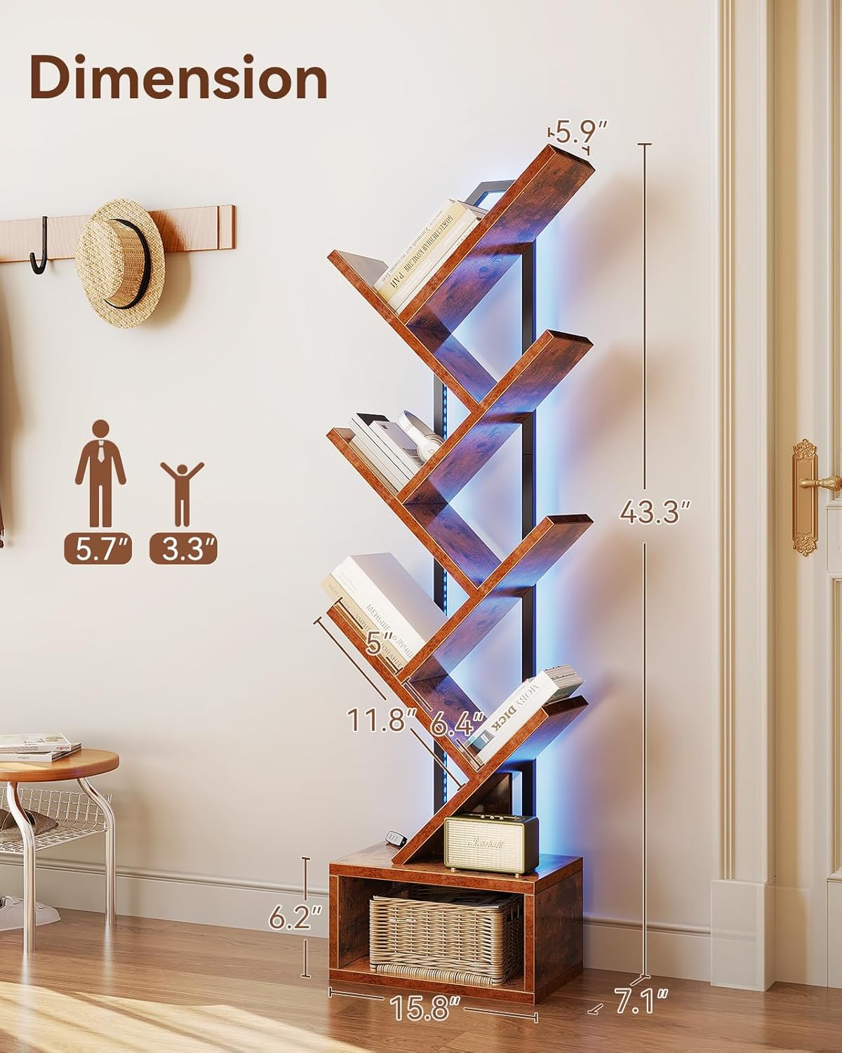 Casaottima Tree Bookshelf with LED Lights, 6-Tier Narrow Bookcase for Small Spaces, Tall Steel & Wood Storage Shelf with Cabinet, Home Decor & Organizer for Living Room/Bedroom/Home Office, Vintage