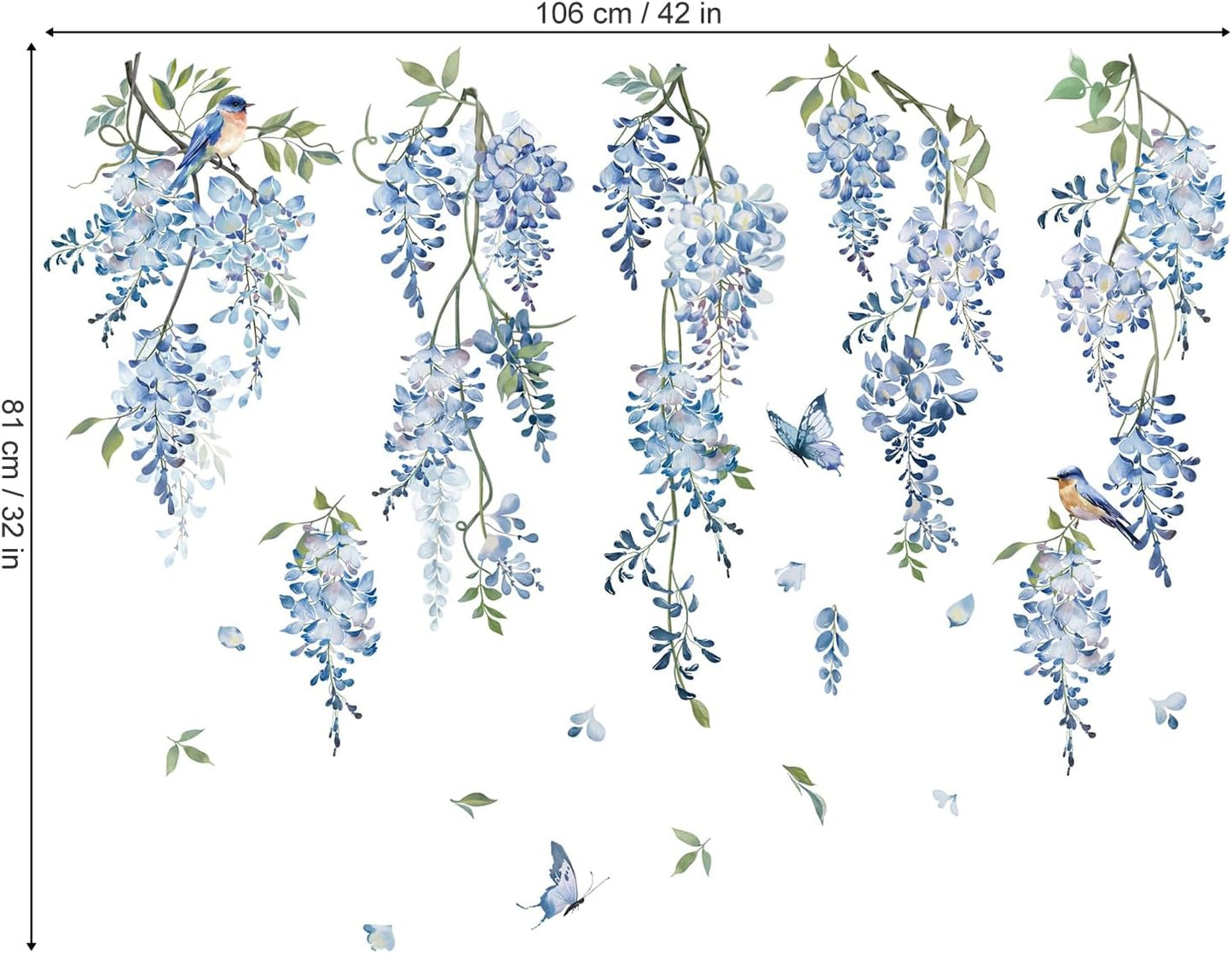 decalmile Hanging Flower Vine Wall Decal Blue Wisteria Floral Vines Wall Stickers Living Room Bedroom Sofa TV Background Wall Decor