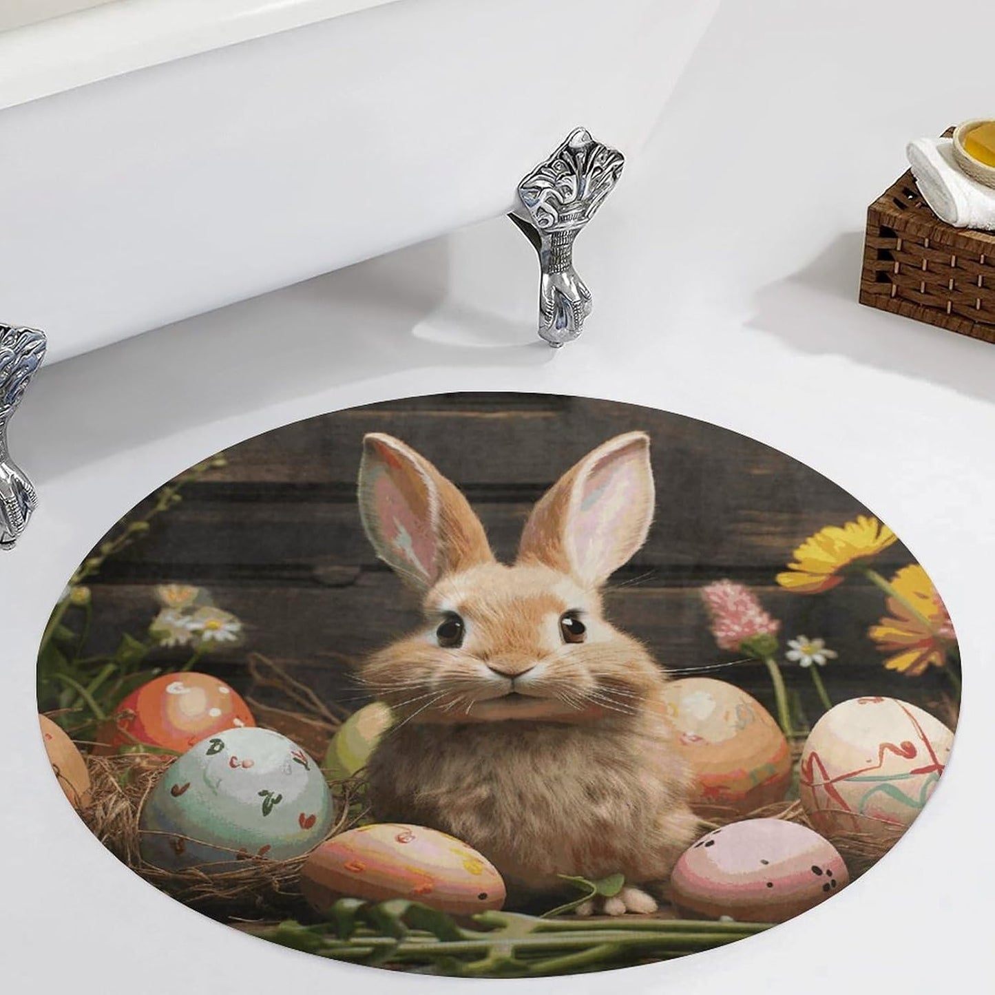 Easter Egg Bunny Circle Rug Retro Luxury Coral Velvet Floor Mat Non Slip Soft Indoor Floor Carpet Comfy Thickened Area Rugs Modern Aesthetic Minimalist Carpets for Home Decor