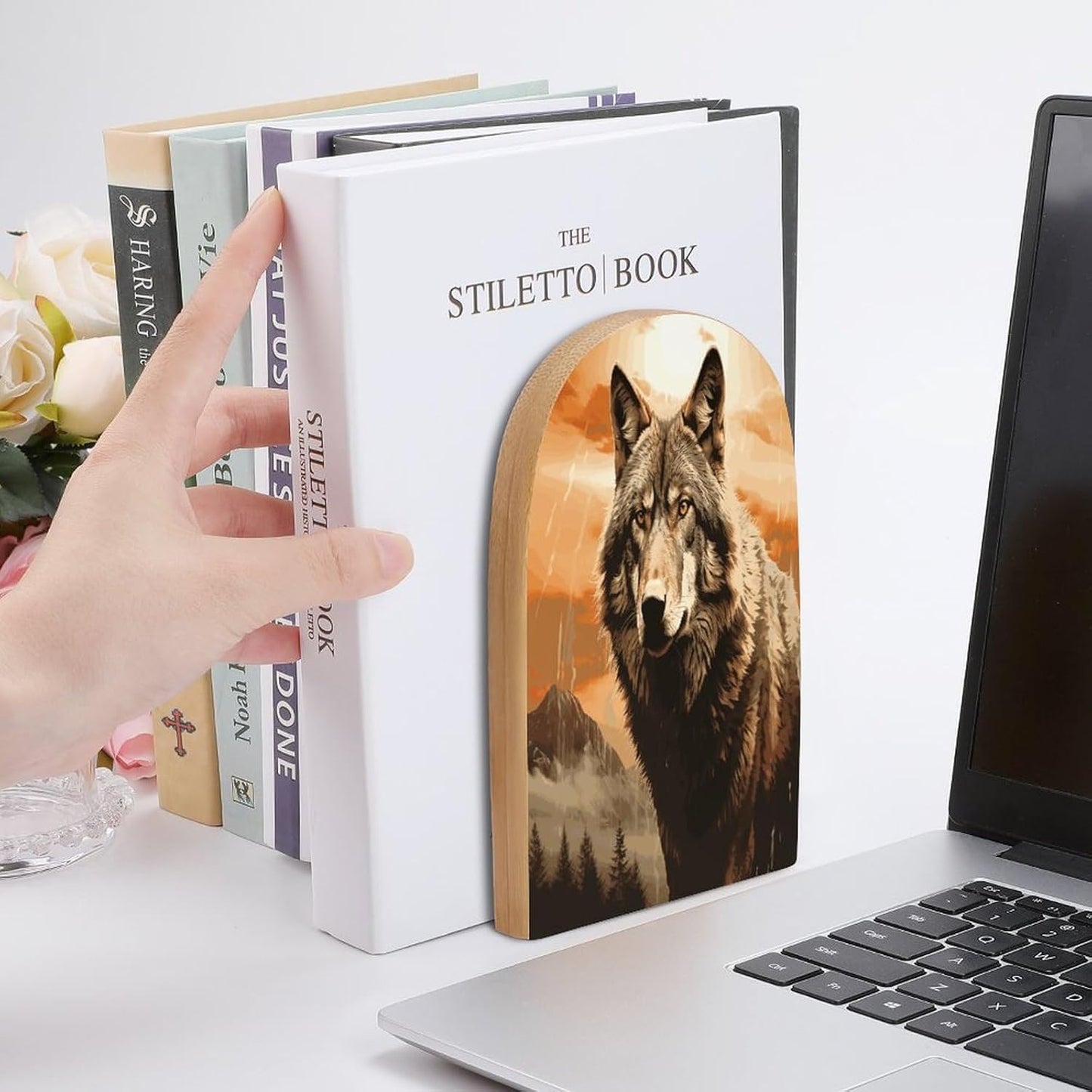 Wolf in The Sun Bookend for Shelves Wooden Book End Large Size Sturdy Book Holders Stoppers with Metal Base for Bookshelves Slick Decorative Bookends Stands