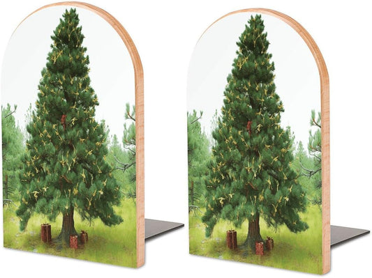 Garlad Pine Tree Bookend for Shelves Wooden Book End Large Size Sturdy Book Holders Stoppers with Metal Base for Bookshelves Slick Decorative Bookends Stands