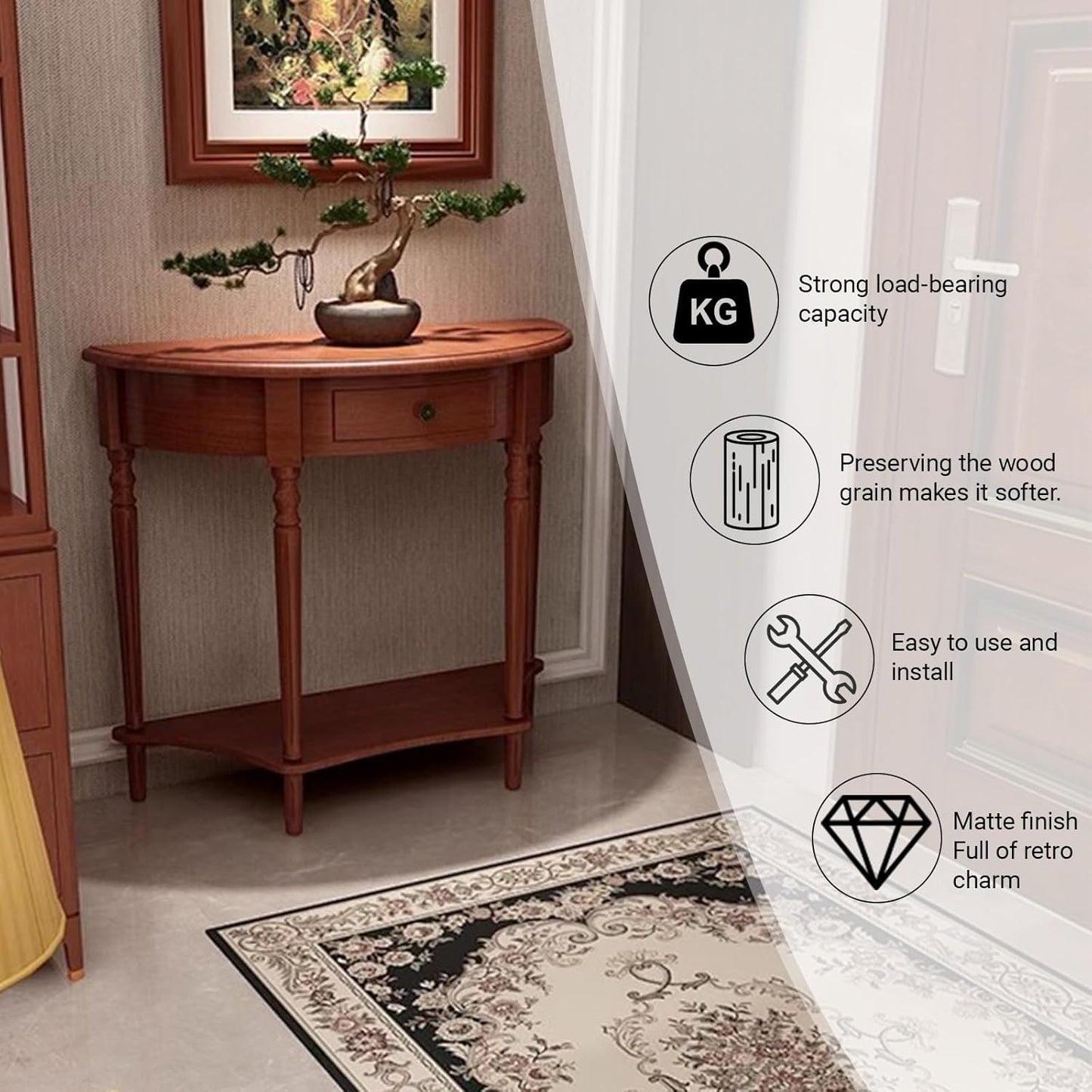 Half Moon Console Table,Solid Wood Console Tables for Entryway,Rounded corners, drawer design,with Storage Shelf,Roman column legs,for Living Room, Entrance, Hallway.(Dark Walnut,23.6*11.8*31.5in)
