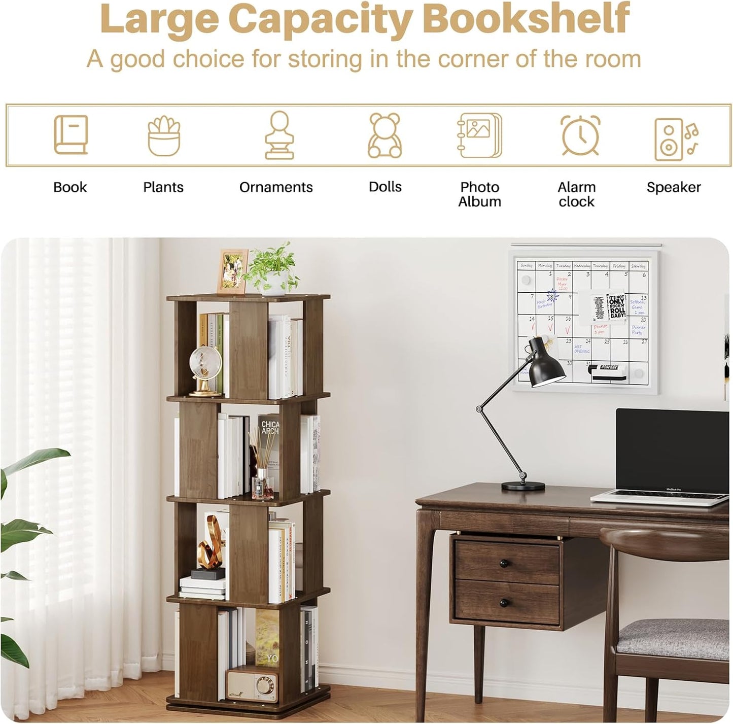 Wooden Rotating Walnut Rectangle Bookshelf Tower - 4 Tier 51“ H Tall Corner Bookshelf for Small Space, 360° Spinning Revolving Solid Wood Modern Bookcase Tower for Living Room, Bedroom, Home Office