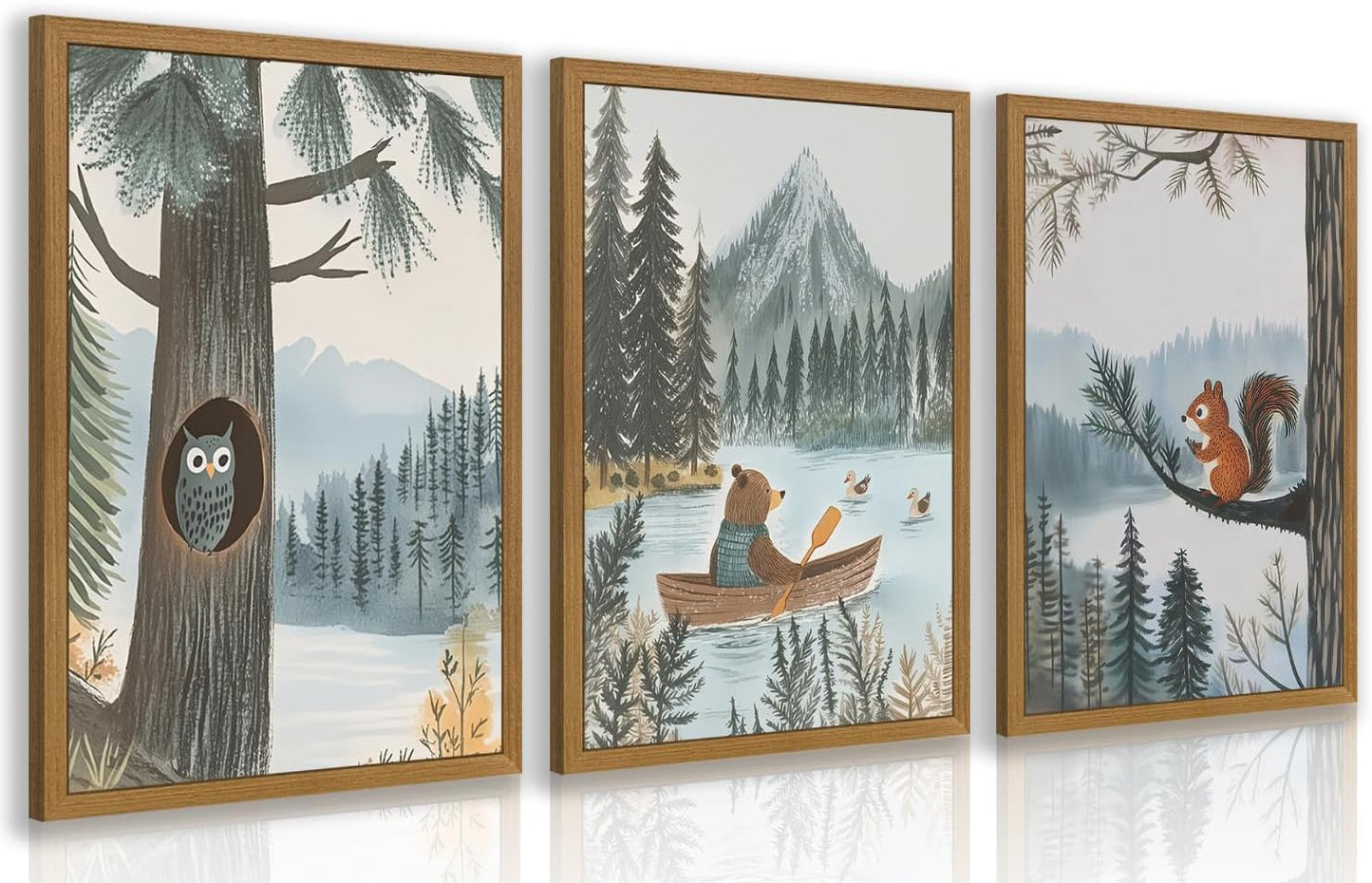 CAZLOUC Wood Framed Woodland Animal Nursery Wall Art Set of 3, Baby Boy Forest Adventure Wall Decor, Bear Owl Squirrel Art Print, Vintage Neutral Mountain Landscape Artwork for Kids Room 16x24 Inch