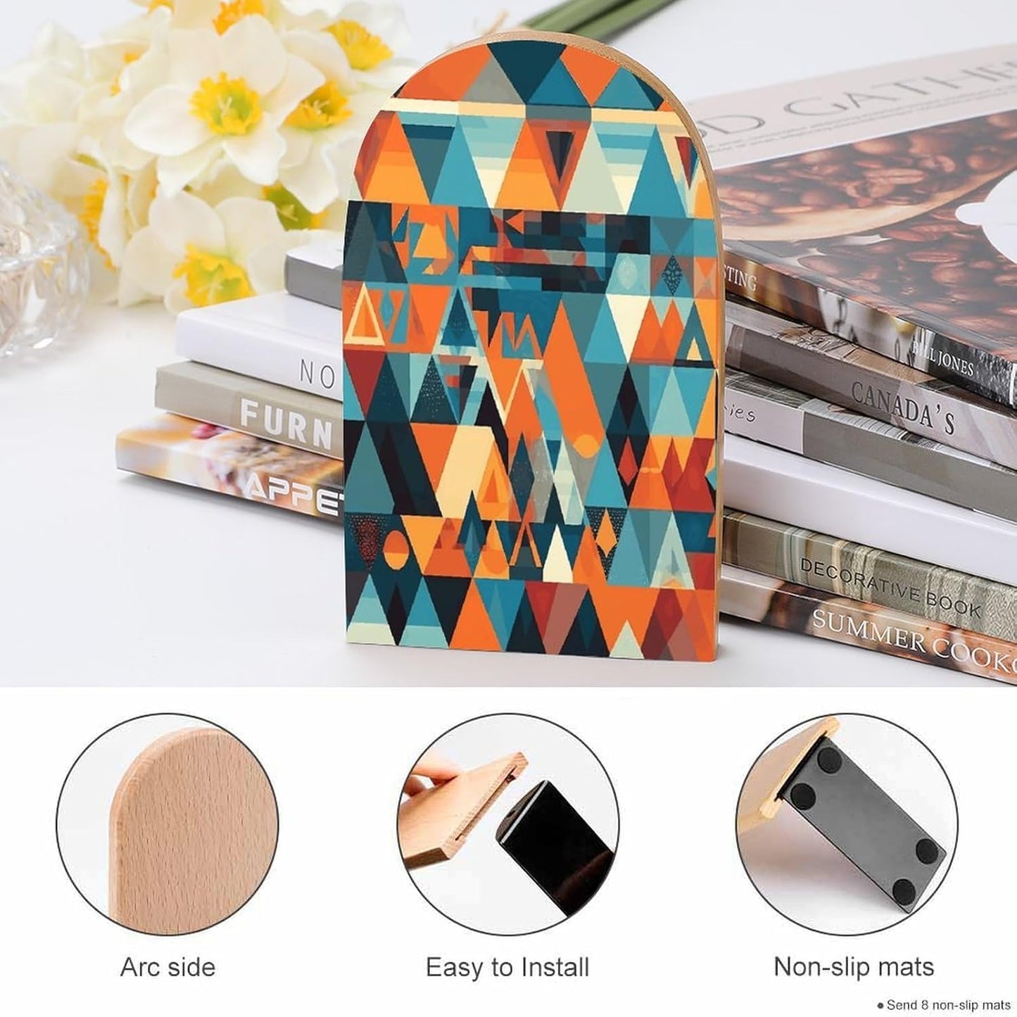 Colorful Geometric Shapes Bookends 1 Pair Heavy Duty Book Ends for Shelves Non-Skid Bookend Supports Wooden Book Holders with Metal Base Desk Organizers Books Storage to Hold Books
