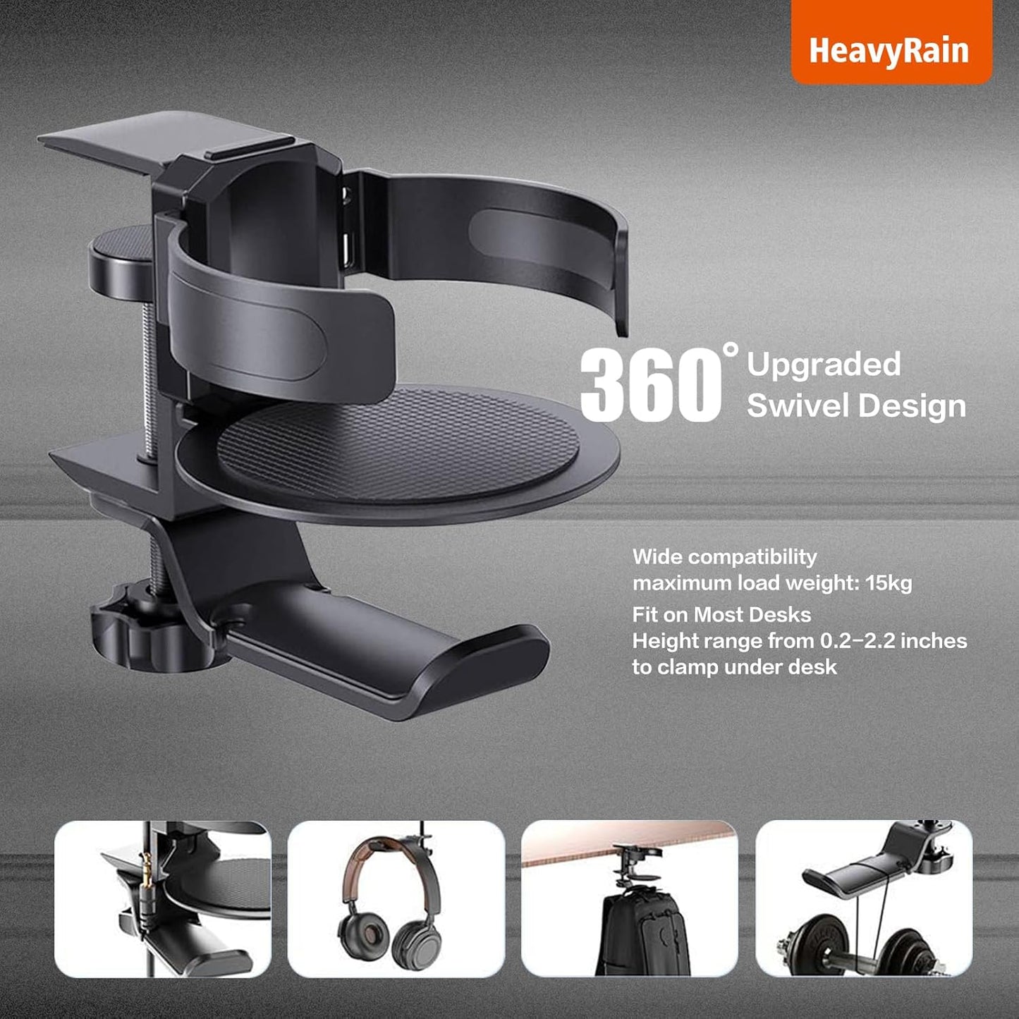 HeavyRain 3-in-1 Desk Cup Holder with Headphone Hook, Anti-Overflow Coffee Mug Holder for Desk, Sturdy Aluminum Clamp-on Cup Holder for Wheelchair, Couch, Office, Gaming Desk Accessories, Black