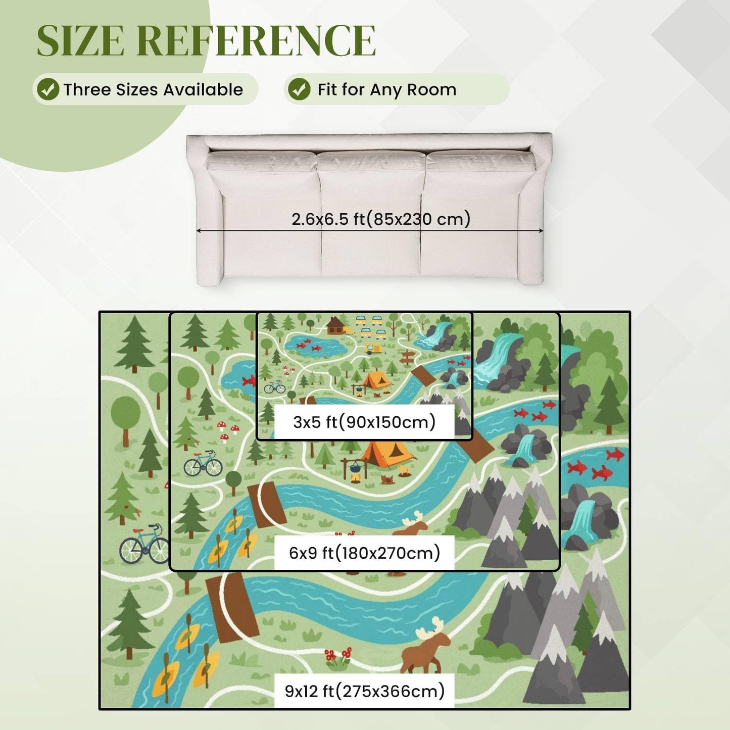 Camping map Summer Camp Nature Clip Art Infographic Elements Mountains Area Rug Outdoor Patio Rug Play Mat Modern Floor Carpet Non-Slip Home Decor Living Room Kids Bedroom Nursery, 3x5 ft