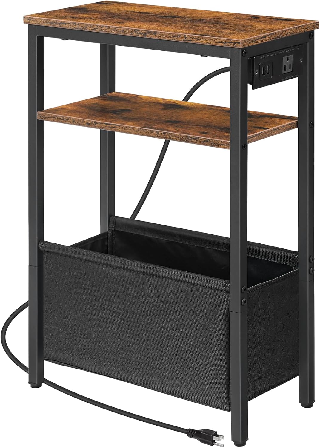 HOOBRO Small Narrow Side Table, Skinny End Table with Charging Station, Extra Slim Nightstand with Storage for Small Spaces, Thin End Table for Living Room, Rustic Brown and Black BF125UBZ01