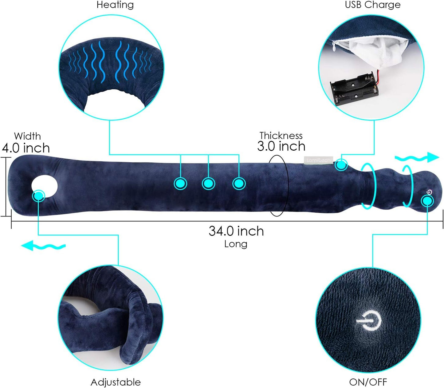 Travel Neck Pillow with Vibration Massage, Battery Operated Adjustable Airplane Neck Pillow for Comfort & Relaxation, Gift for Parents (Blue)